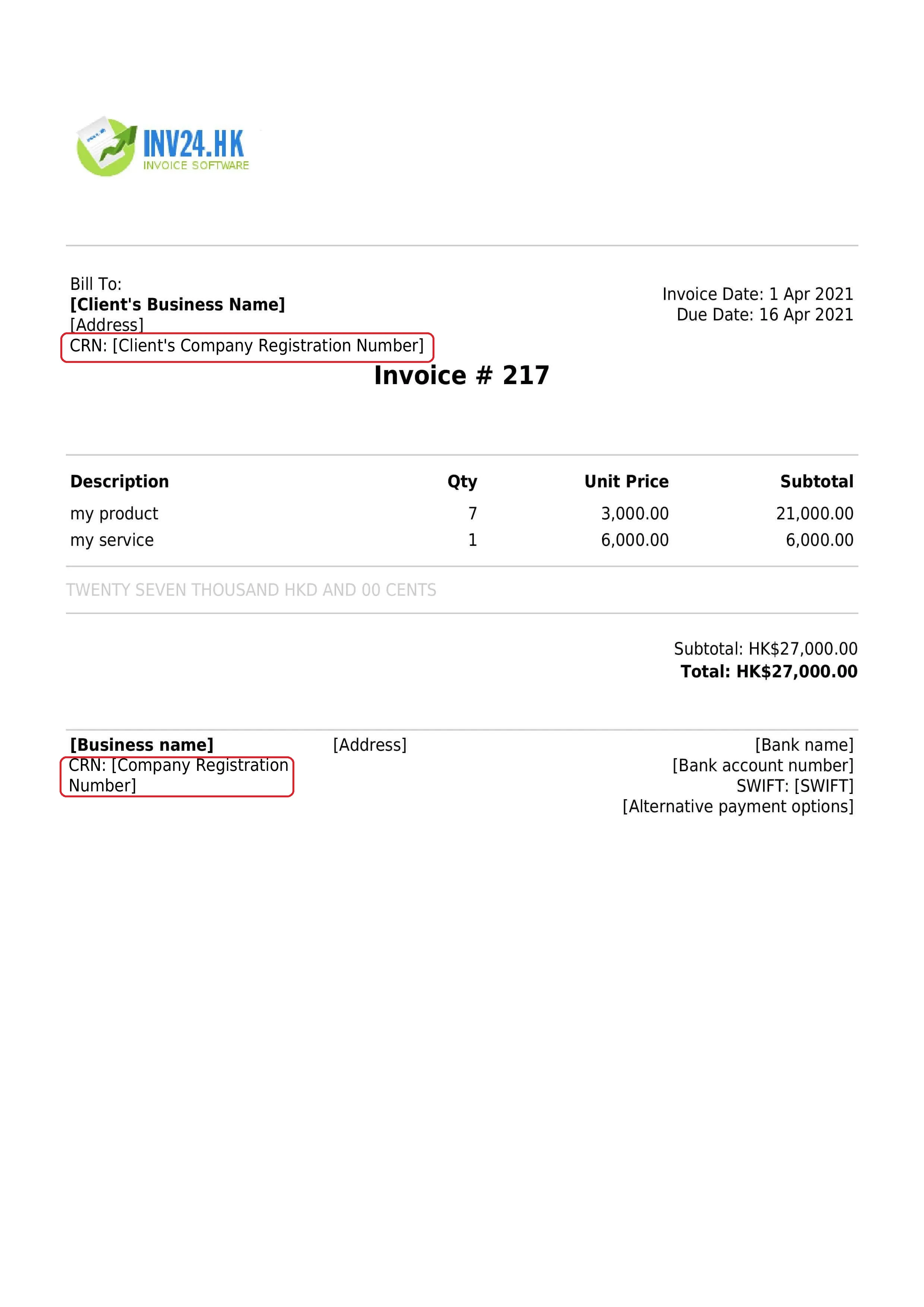 Company Registration Number (CRN) on the invoice Company Registration Number (CRN) on the invoice