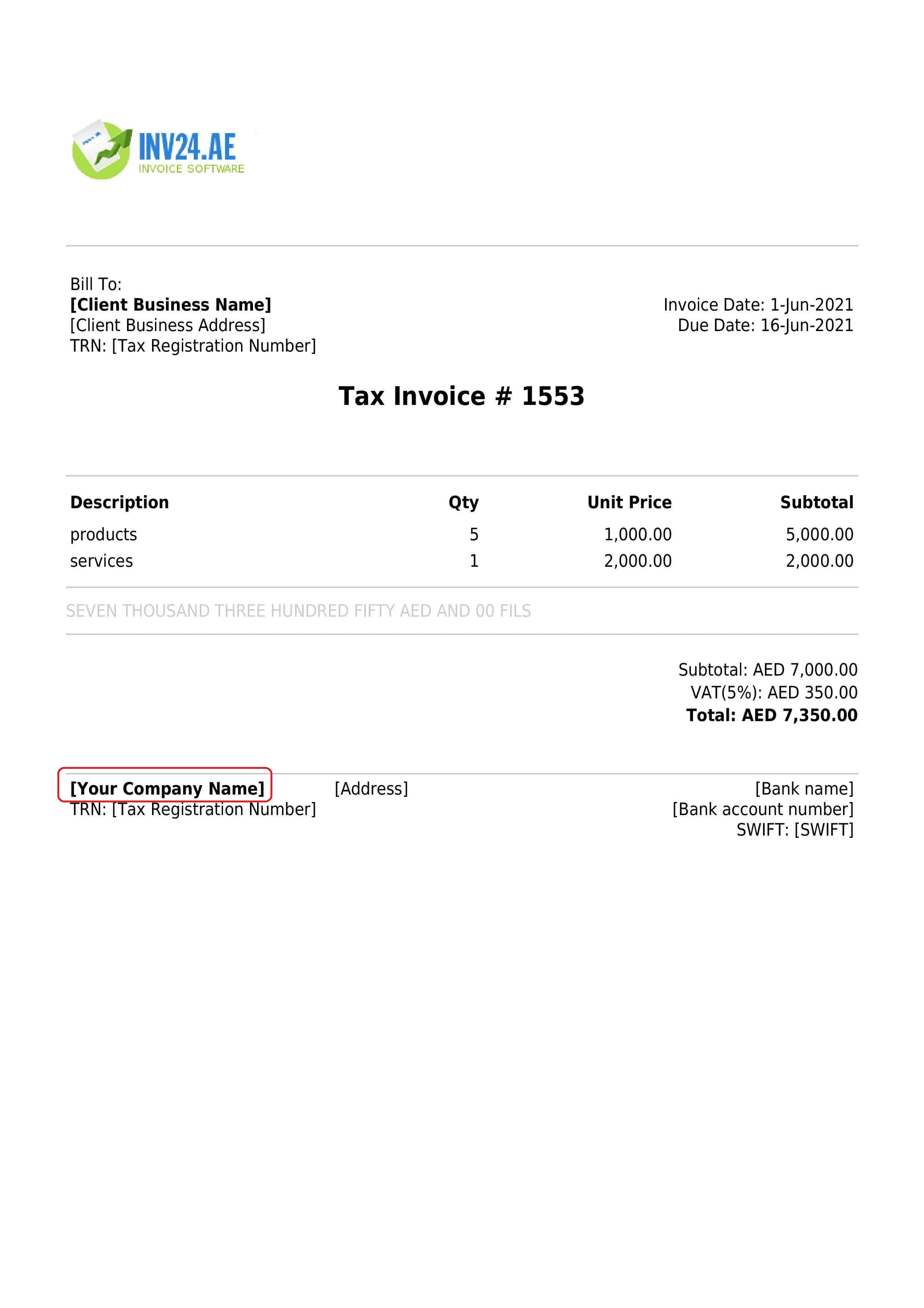 seller business name on the invoice