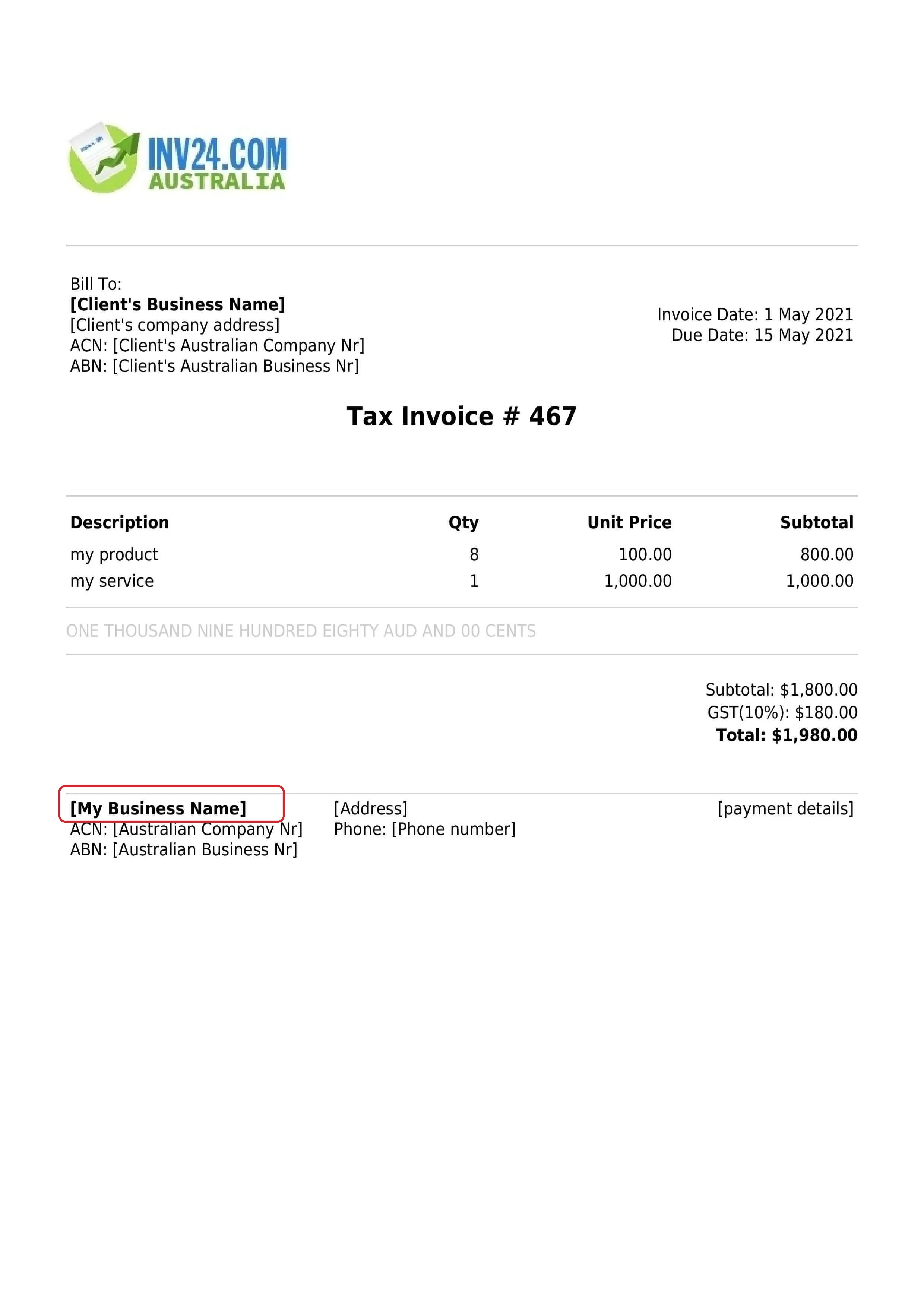 seller business name on the invoice