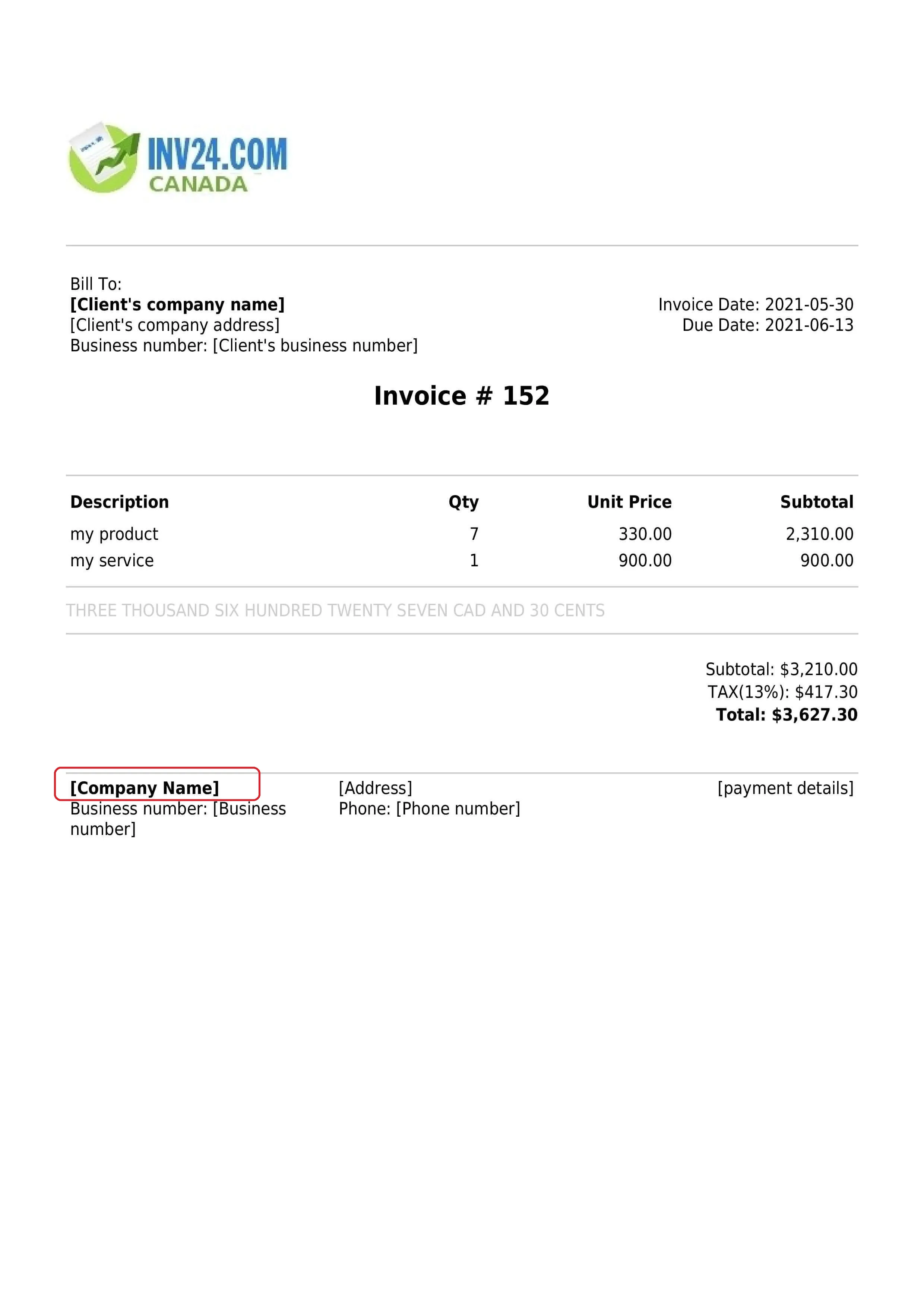 seller business name on the invoice