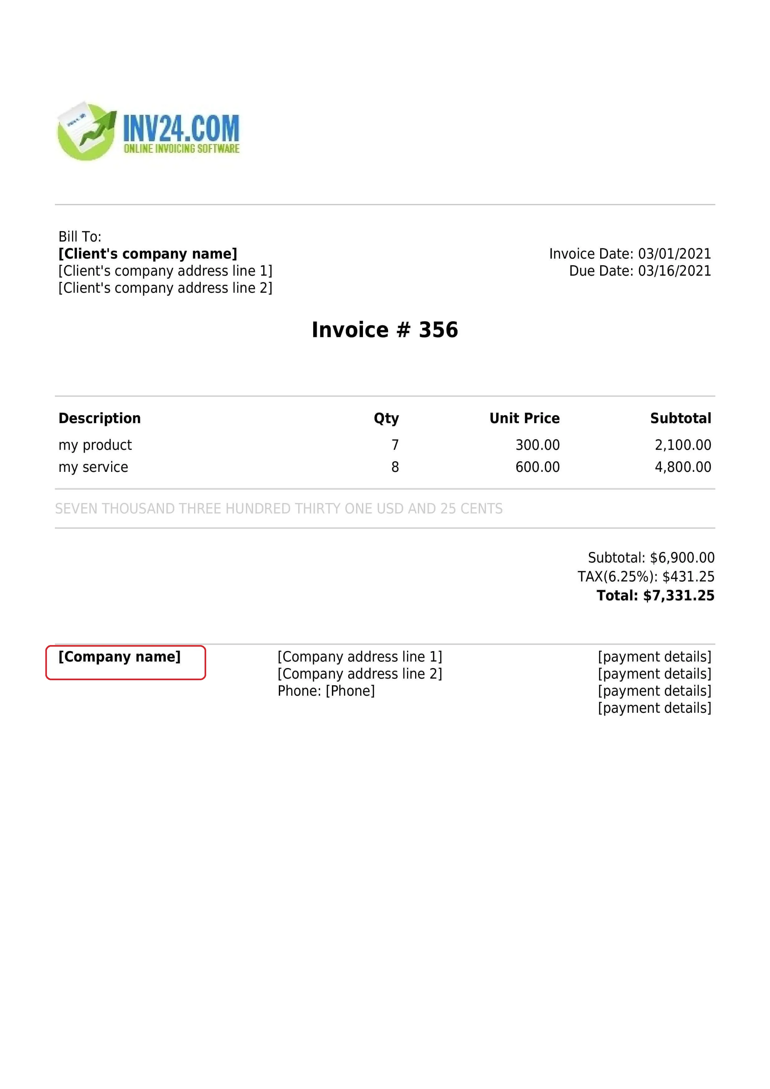 seller business name on the invoice