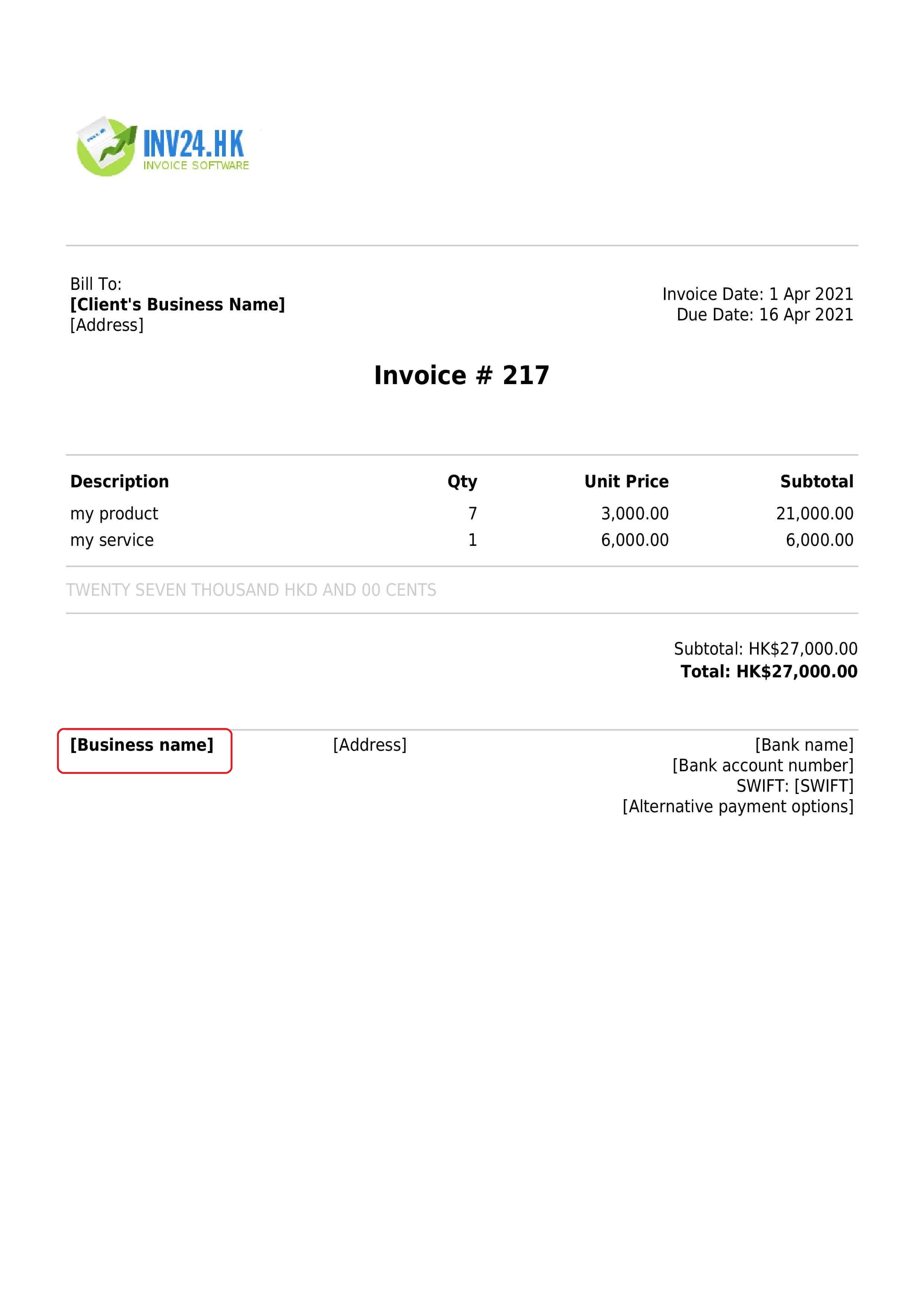 seller business name on the invoice