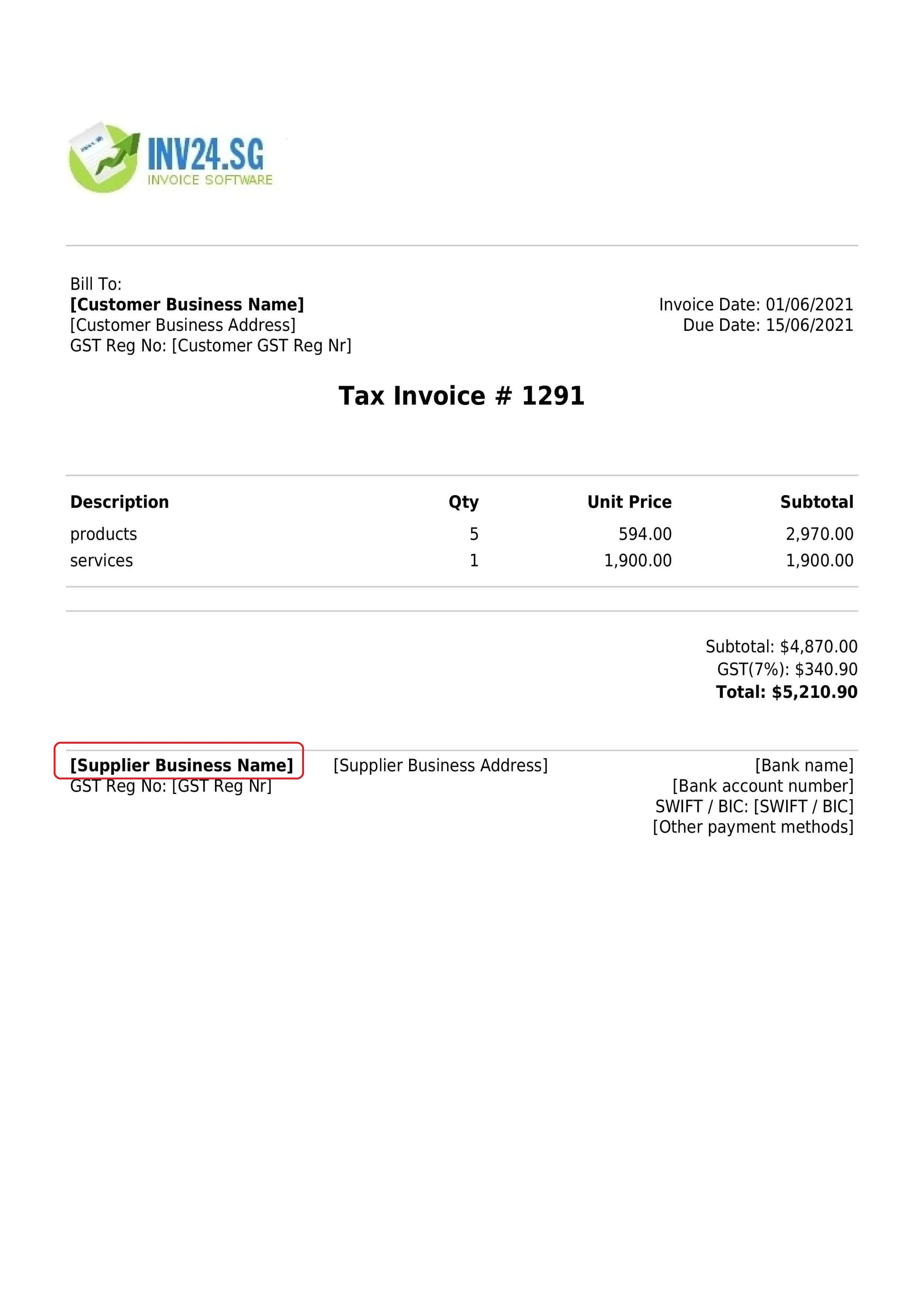 seller business name on the invoice