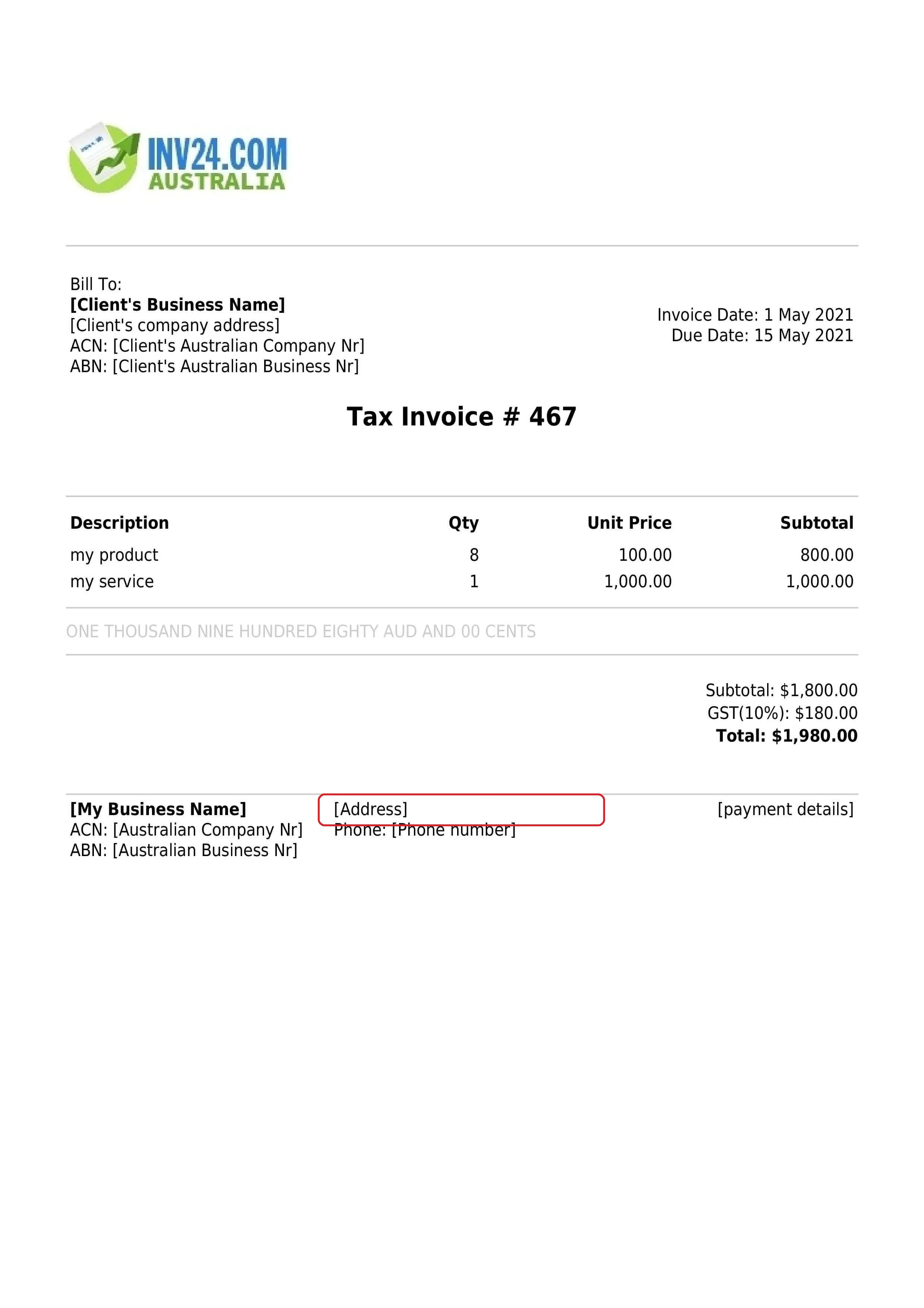 invoice seller's business address
