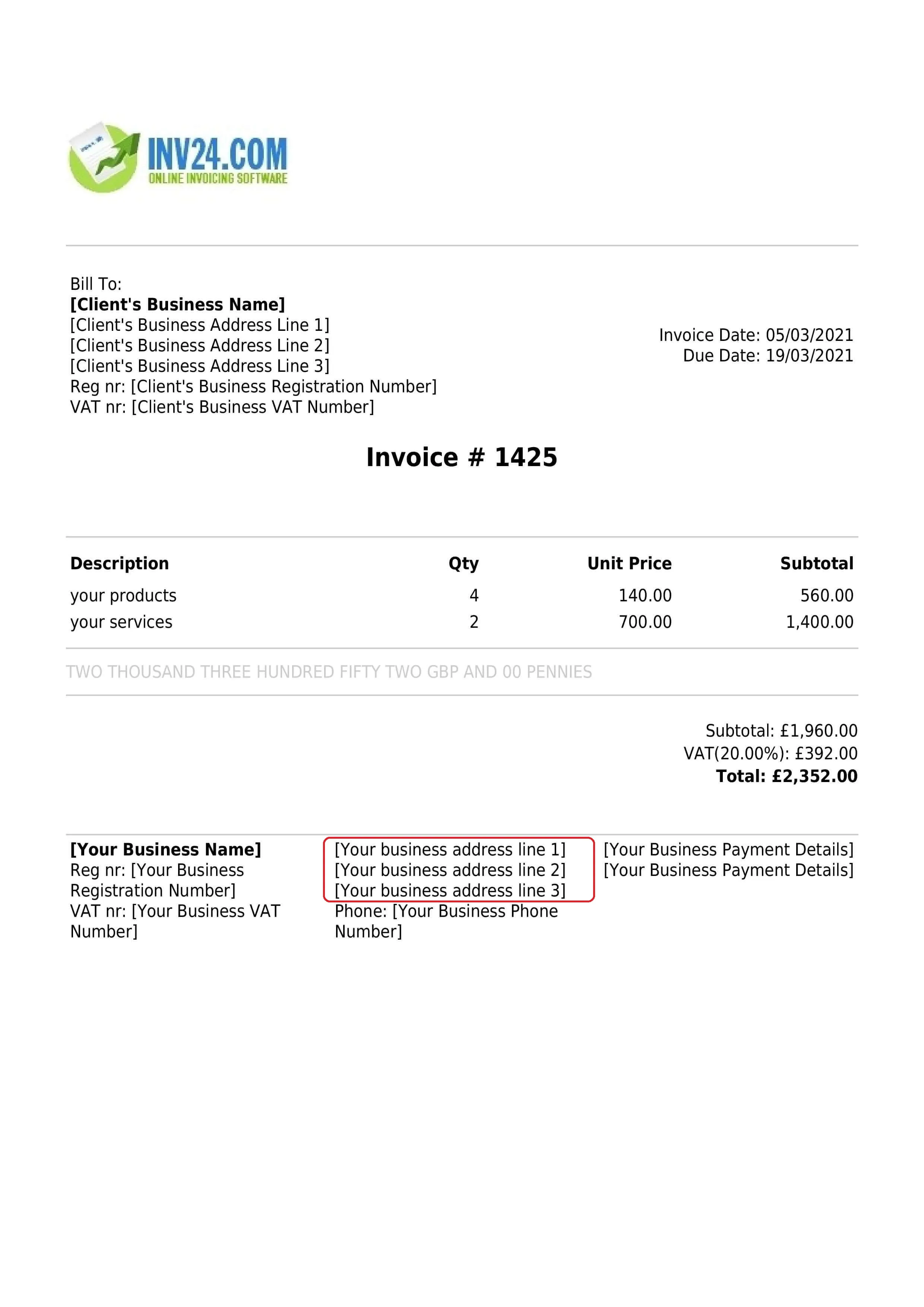 invoice seller's business address