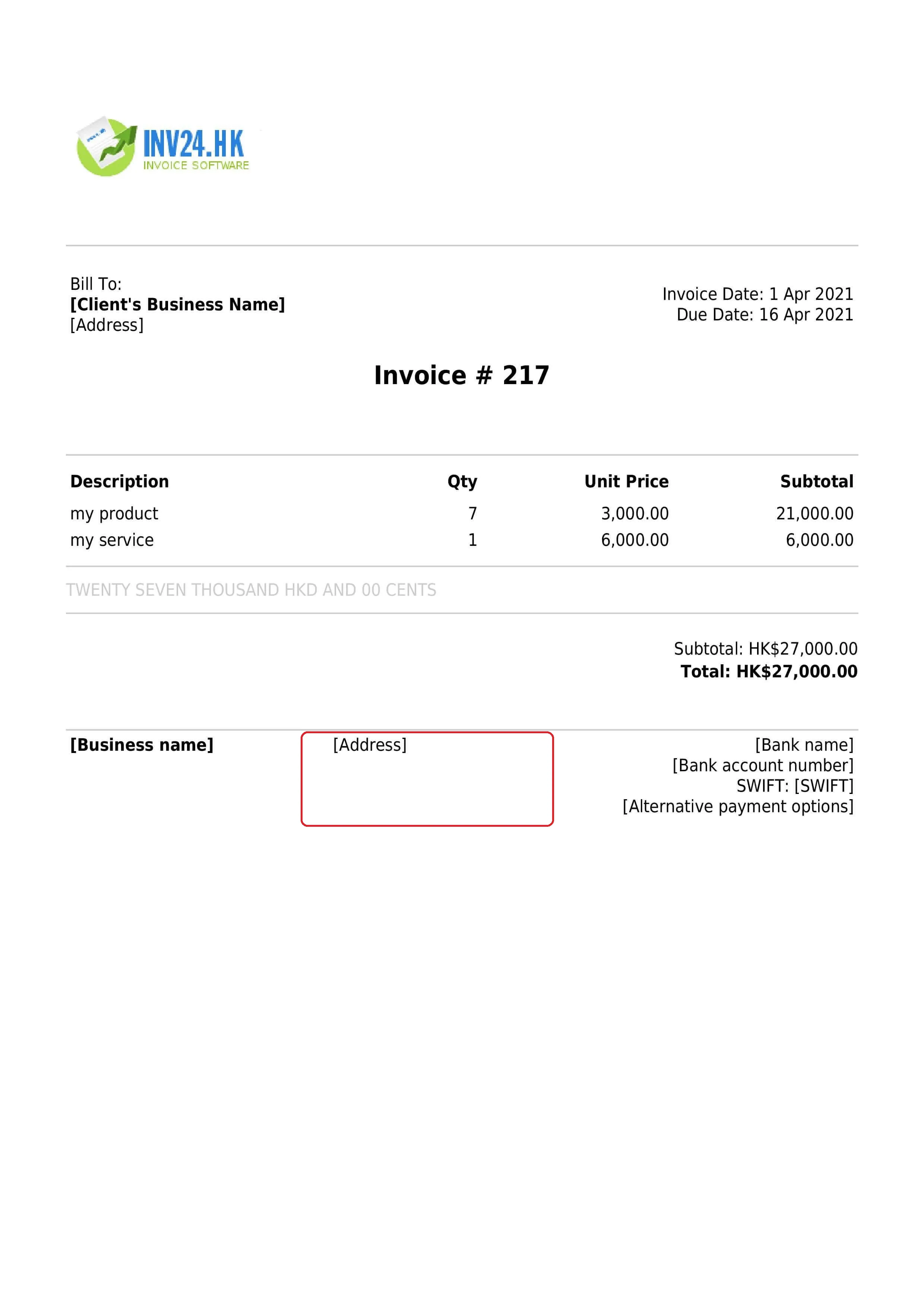 invoice seller's business address