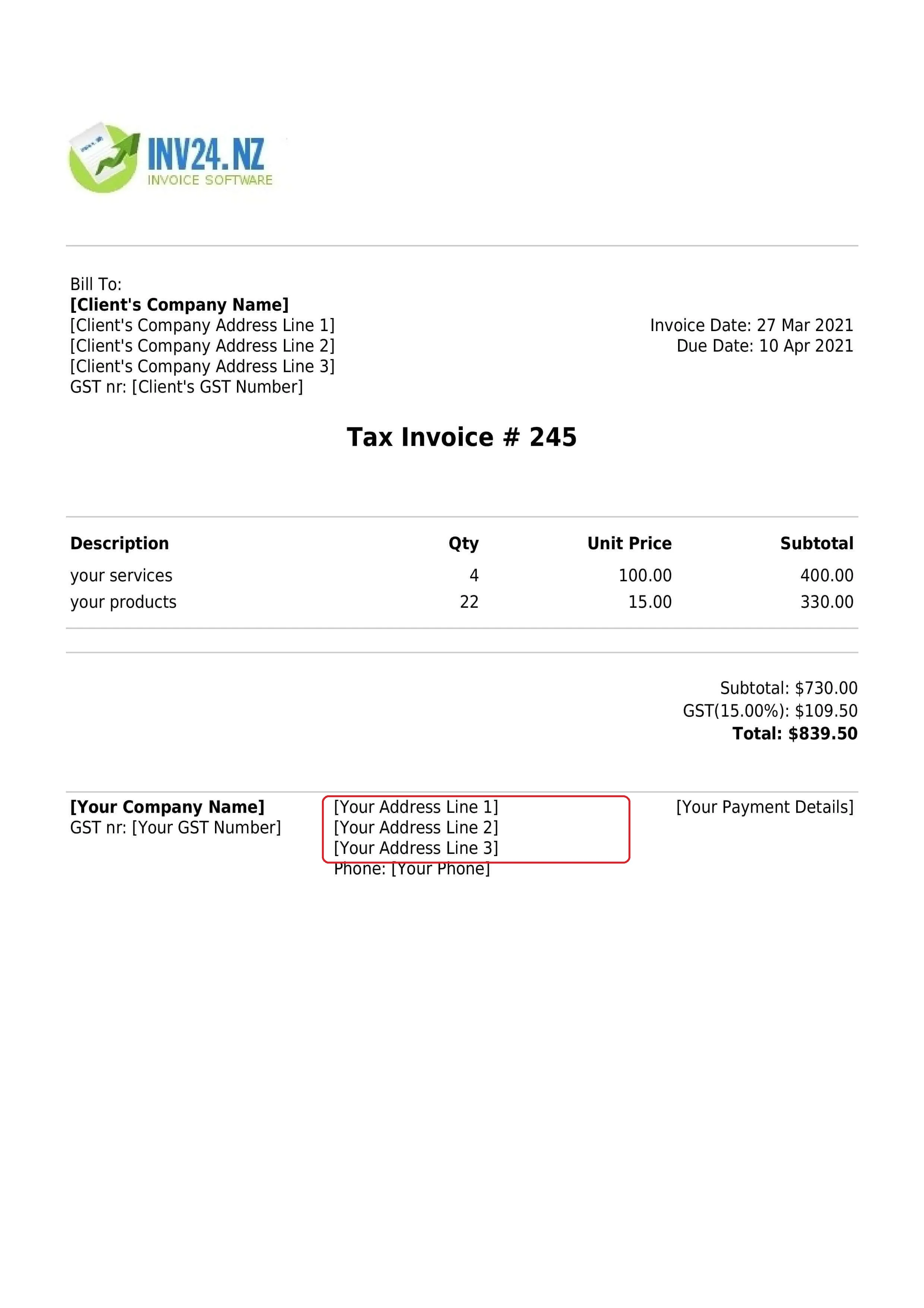 invoice seller's business address invoice seller's business address