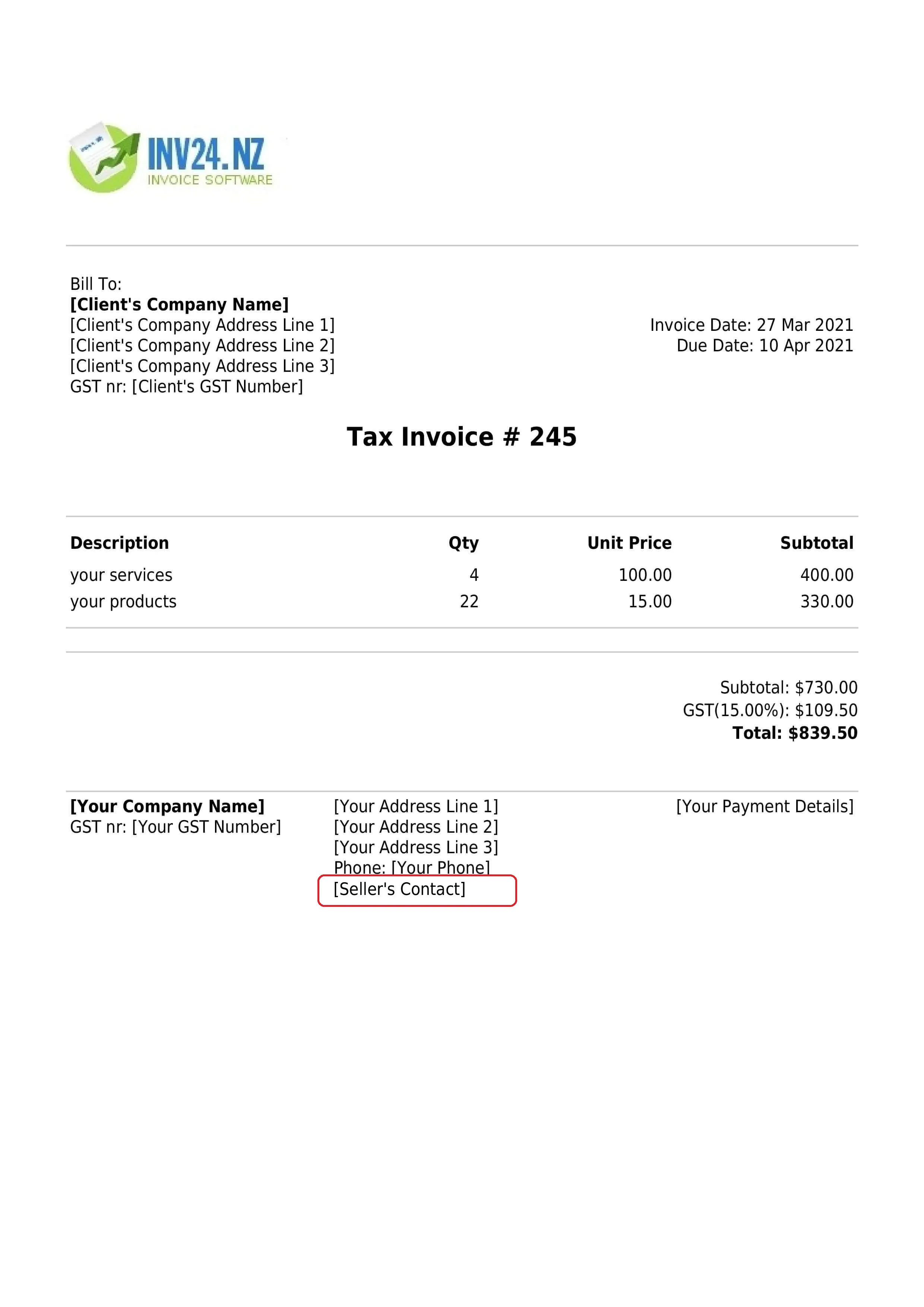 seller's contact on the invoice