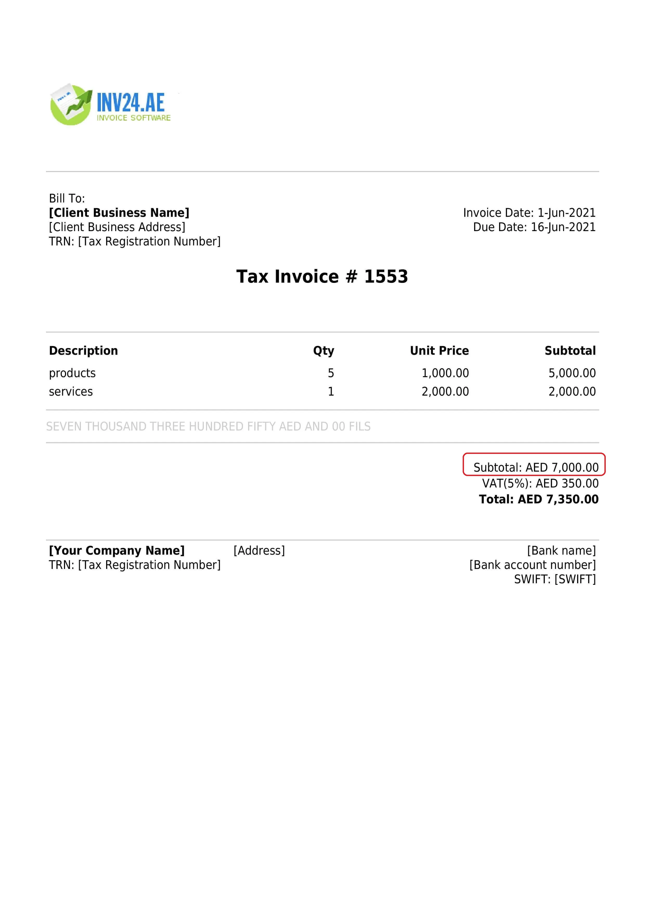 subtotal / net price on the invoice