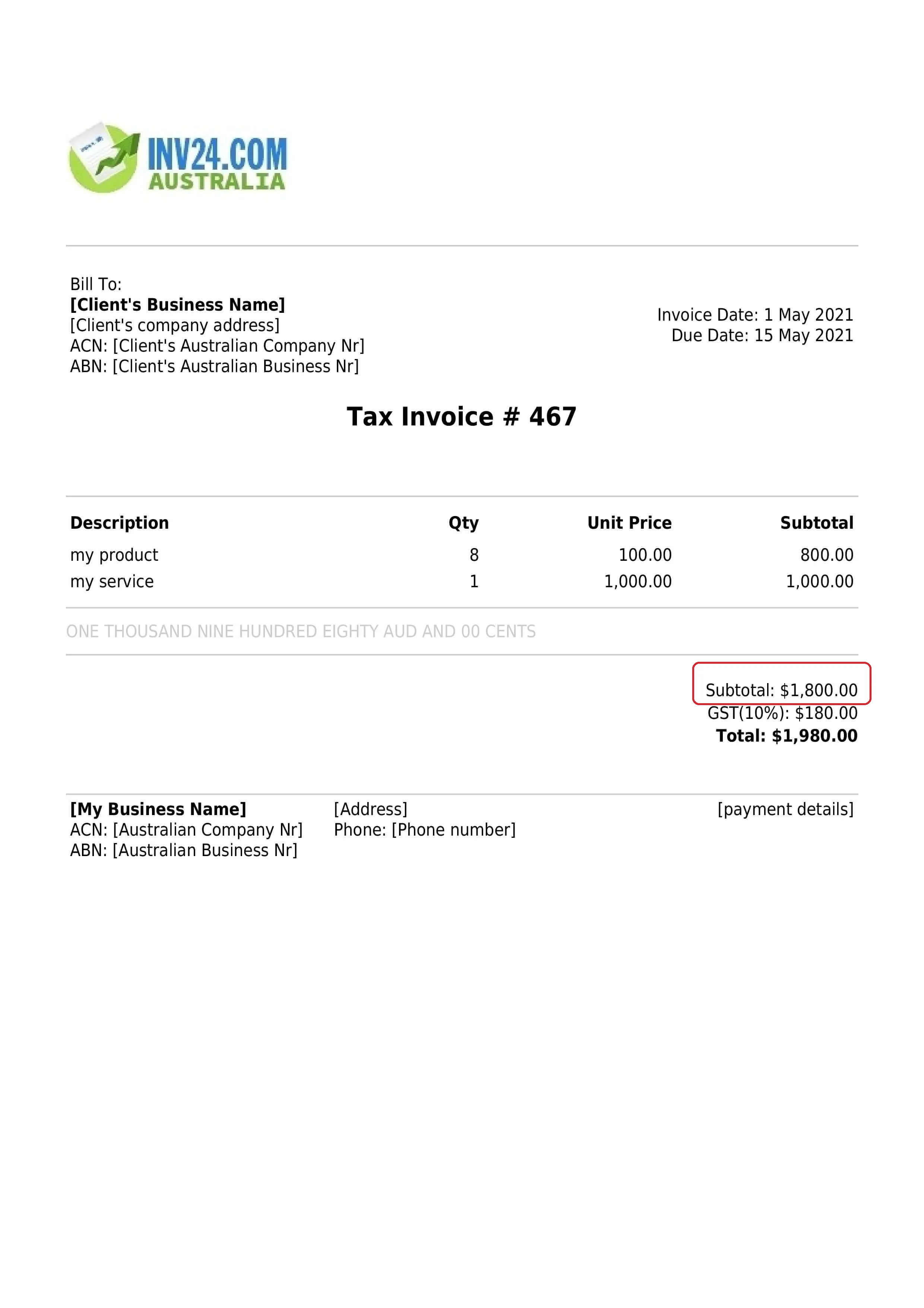 subtotal / net price on the invoice