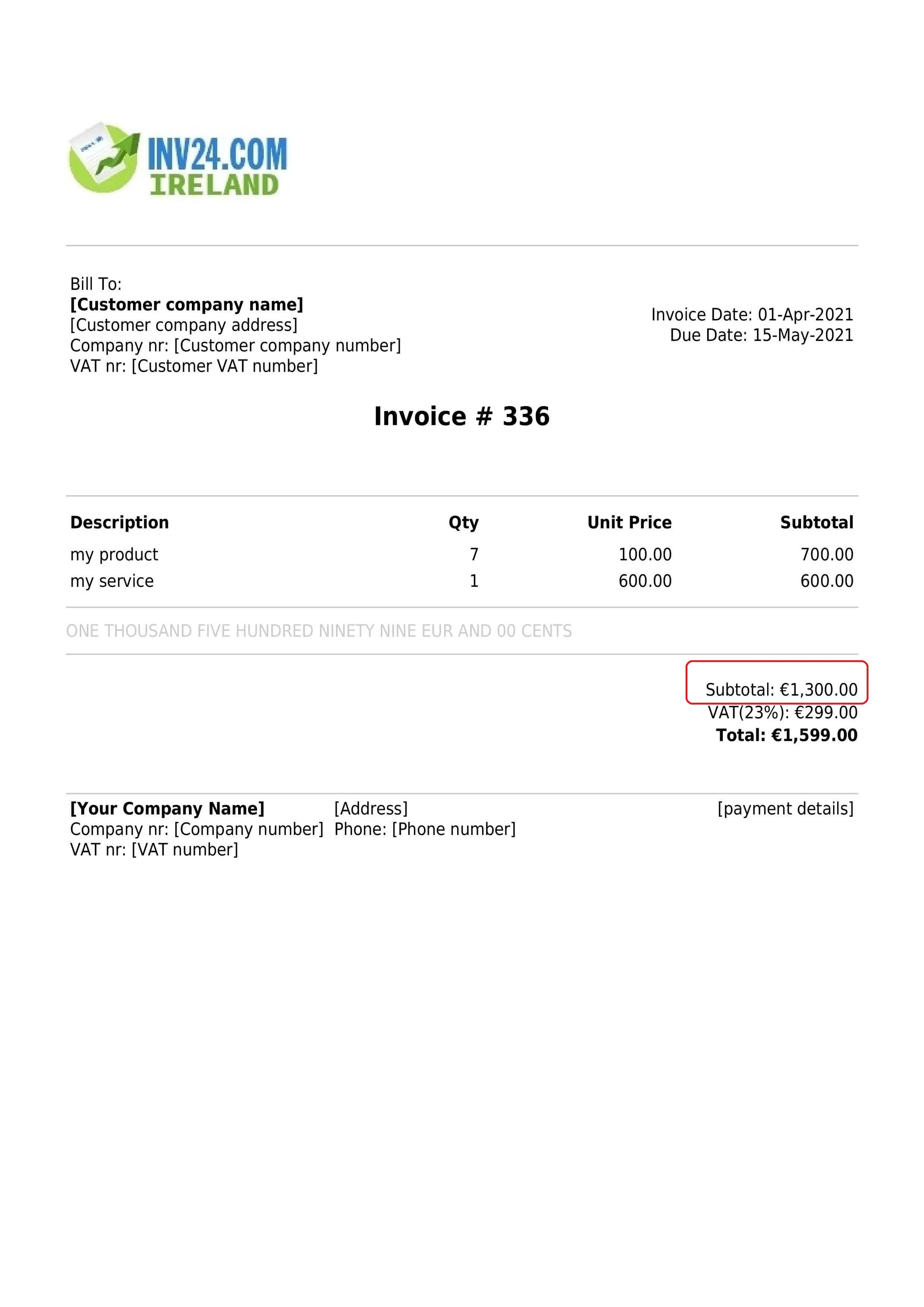 subtotal / net price on the invoice