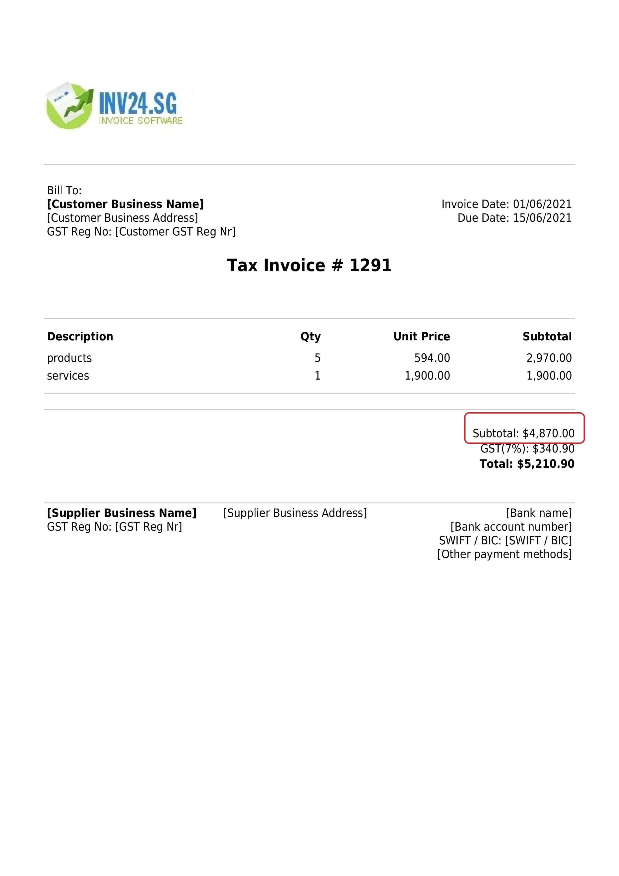 subtotal / net price on the invoice