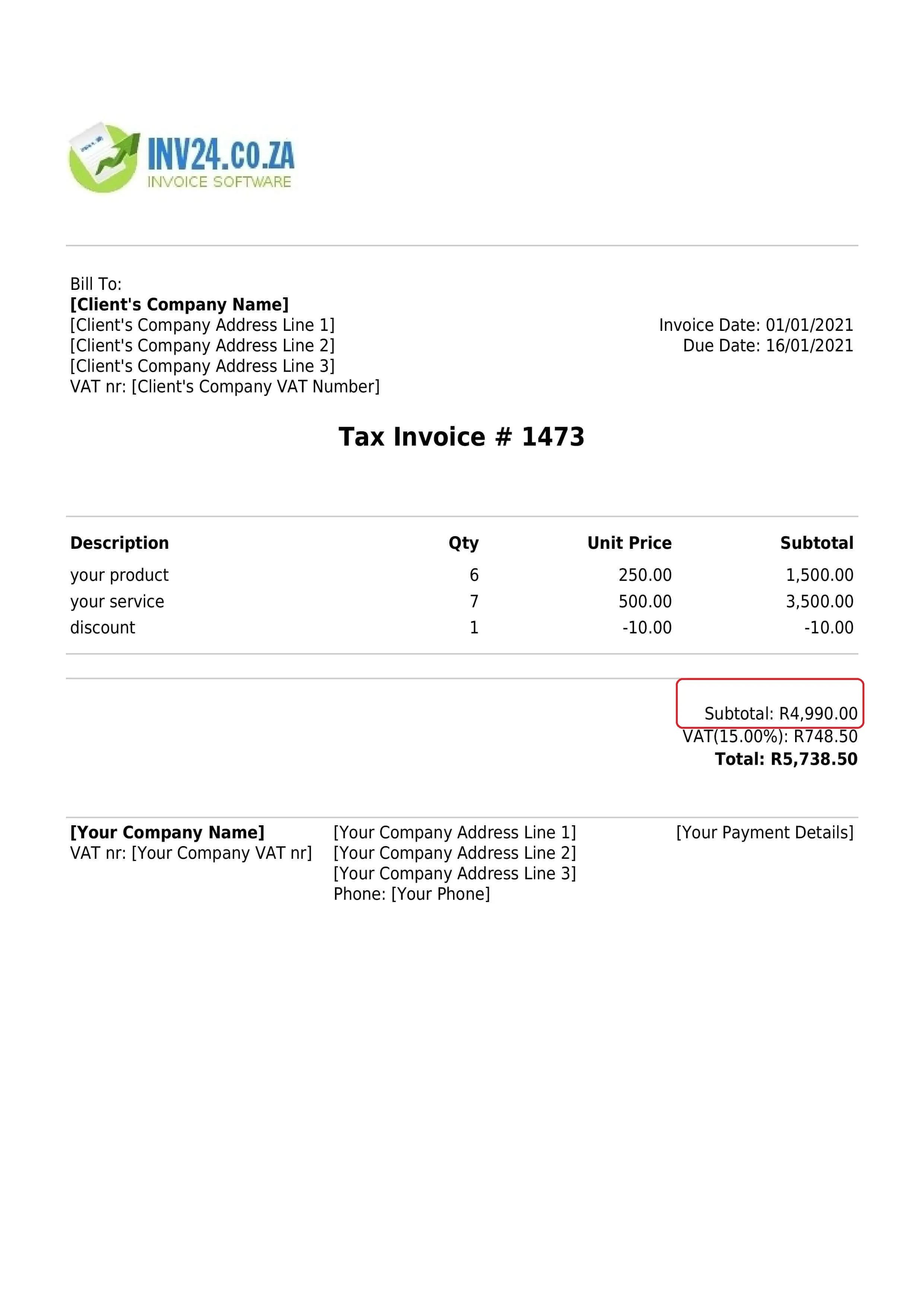 subtotal / net price on the invoice