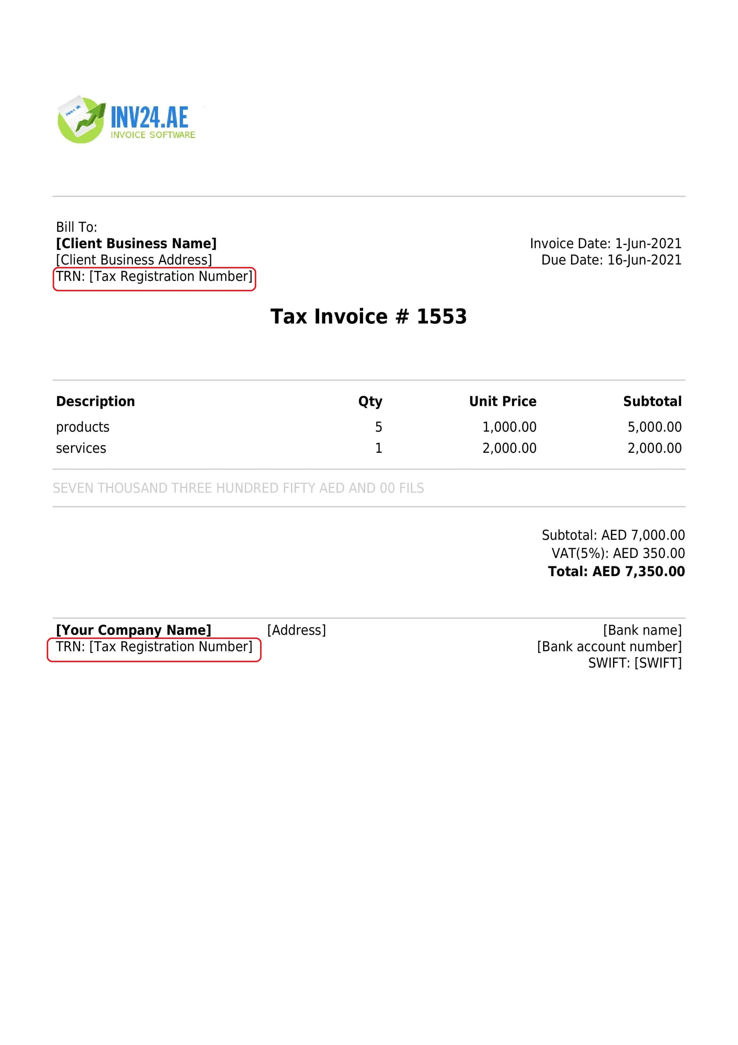 Tax Registration Number (TRN) on the invoice