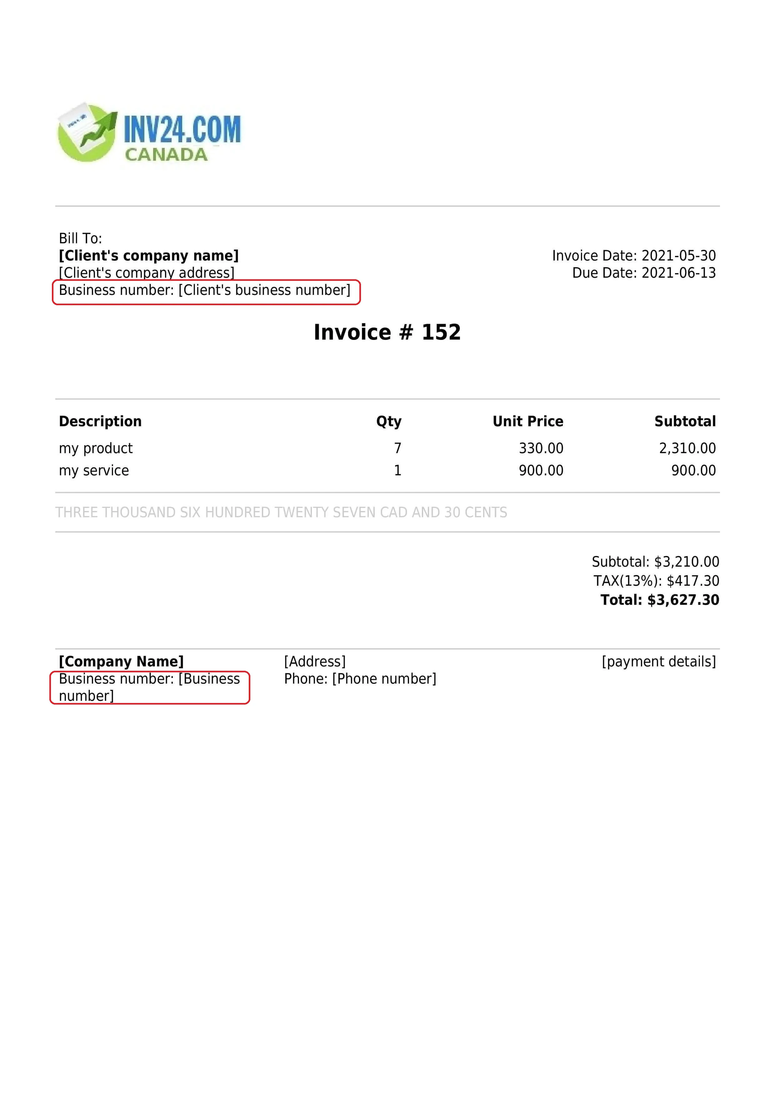 Business number on the invoice Business number on the invoice
