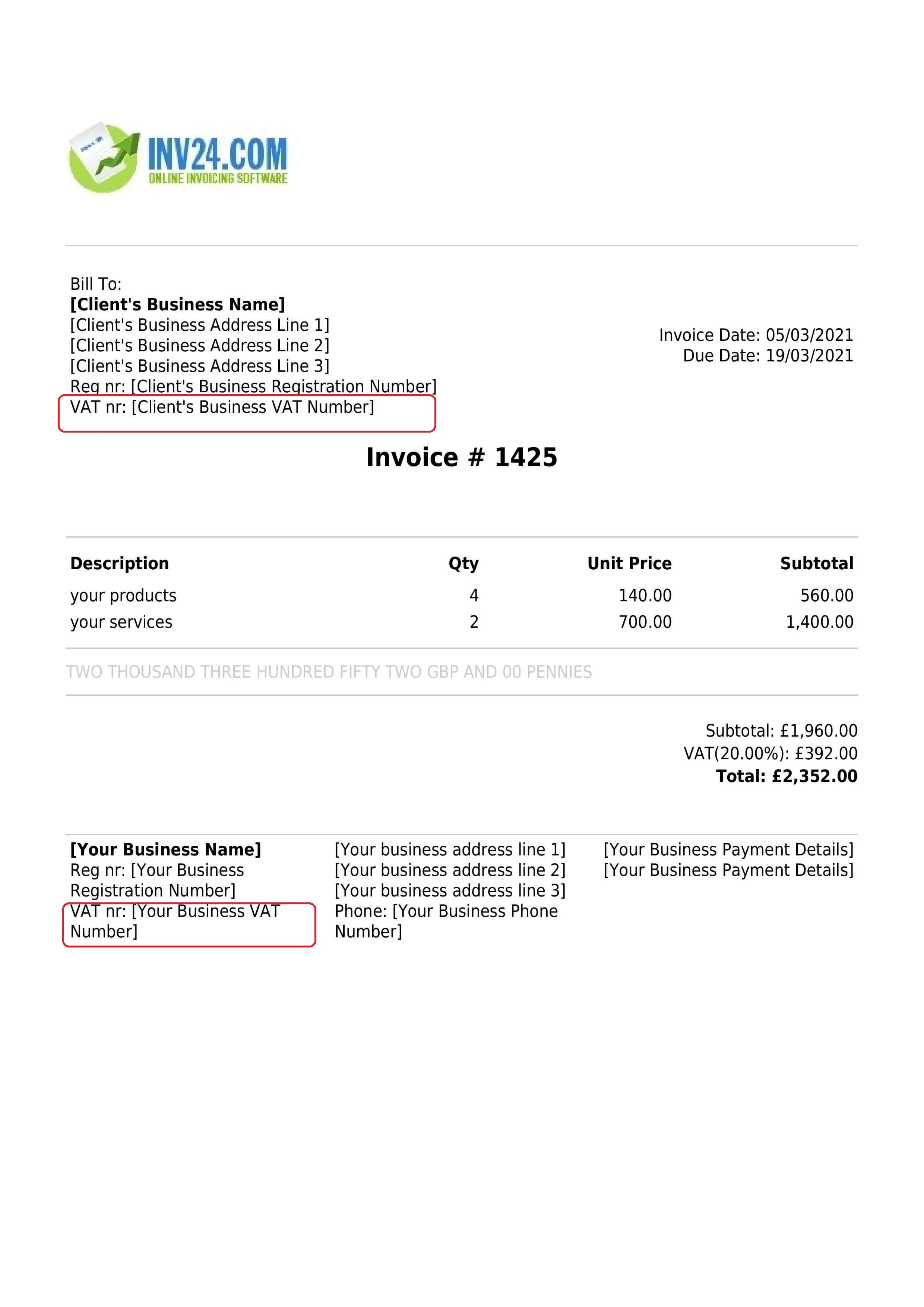 VAT number on the invoice