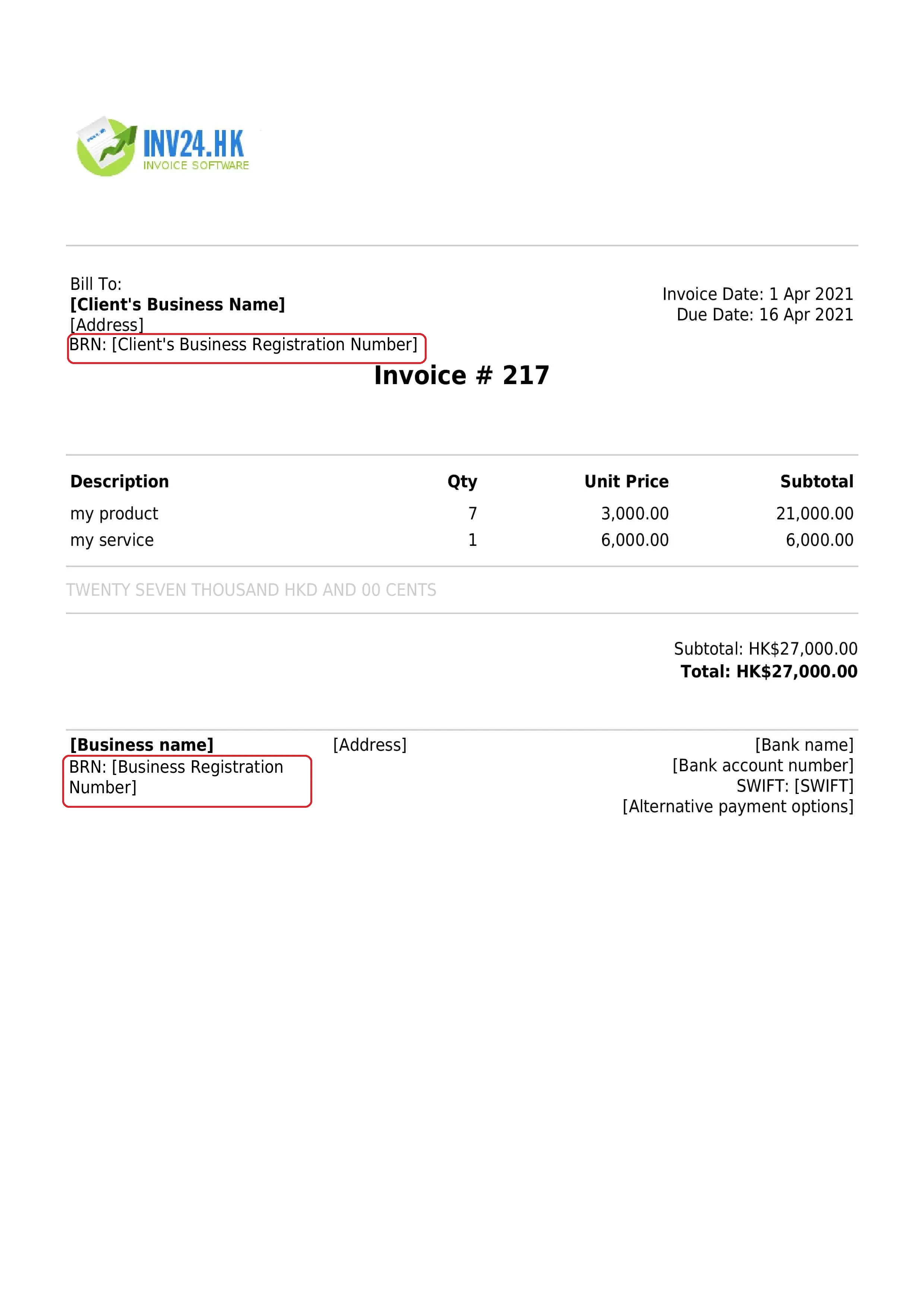 Business Registration Number (BRN) on the invoice