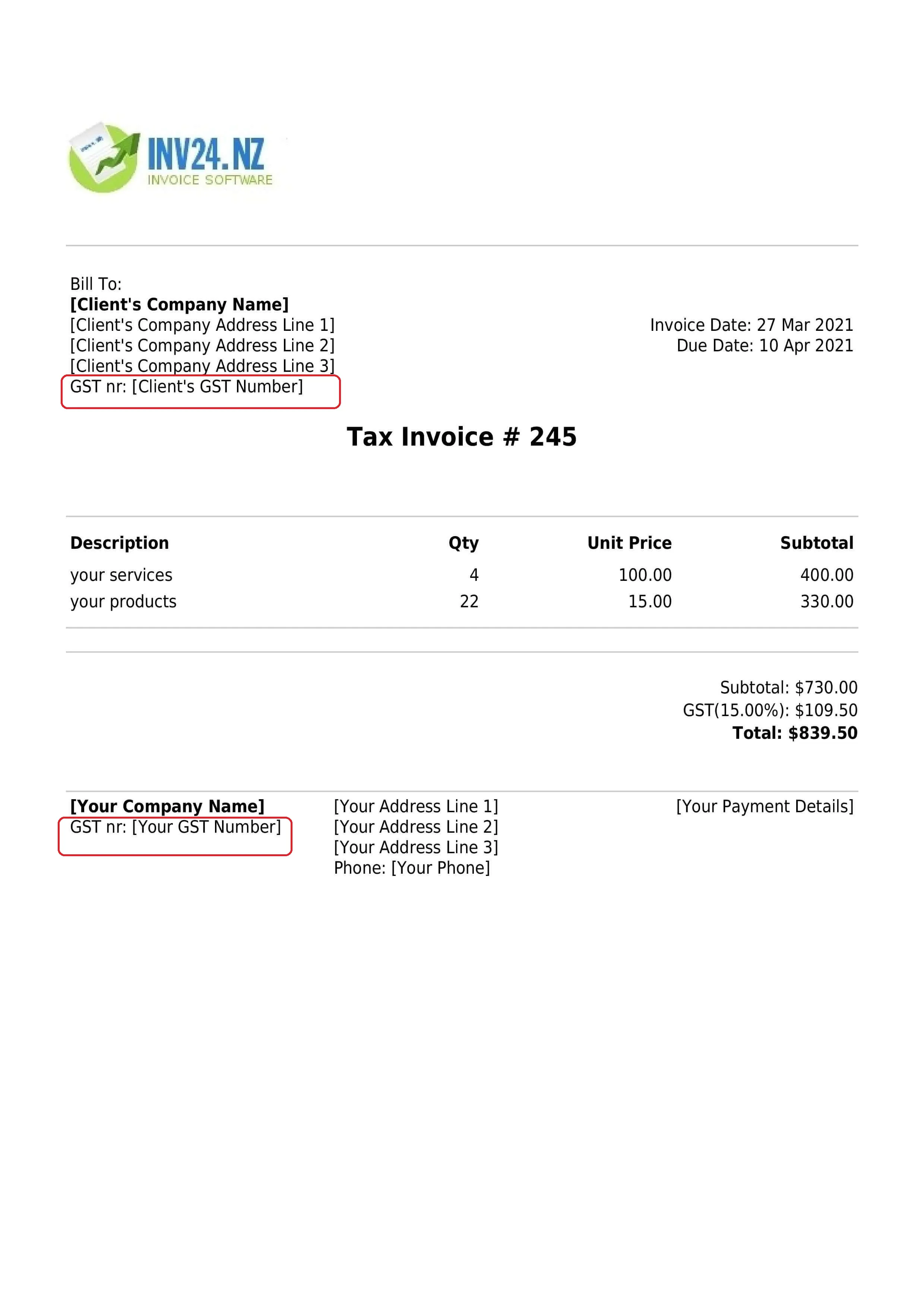 GST number on the invoice