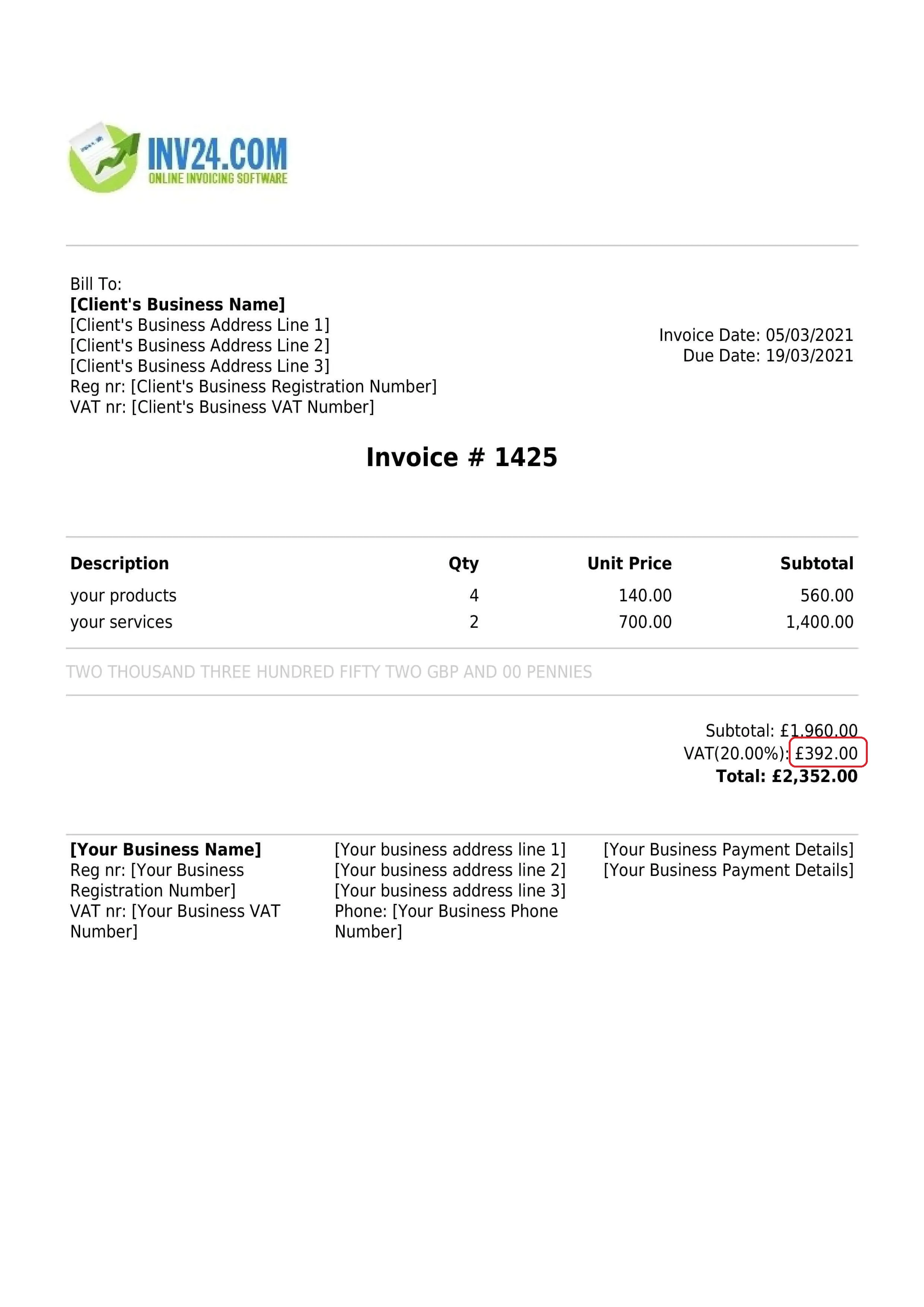 The Total Amount of VAT Charged on the Invoice in UK