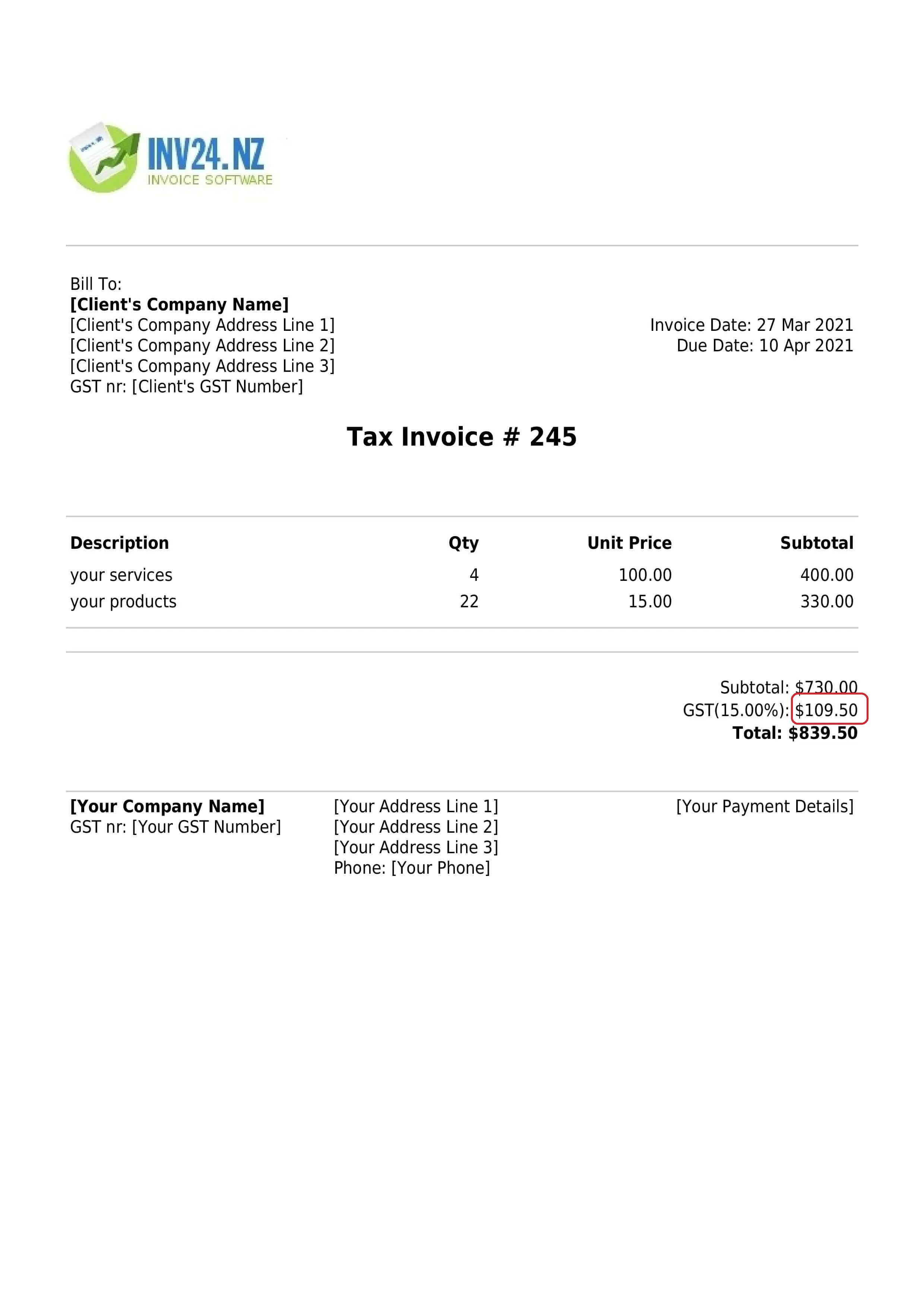 The total amount of GST charged on the invoice