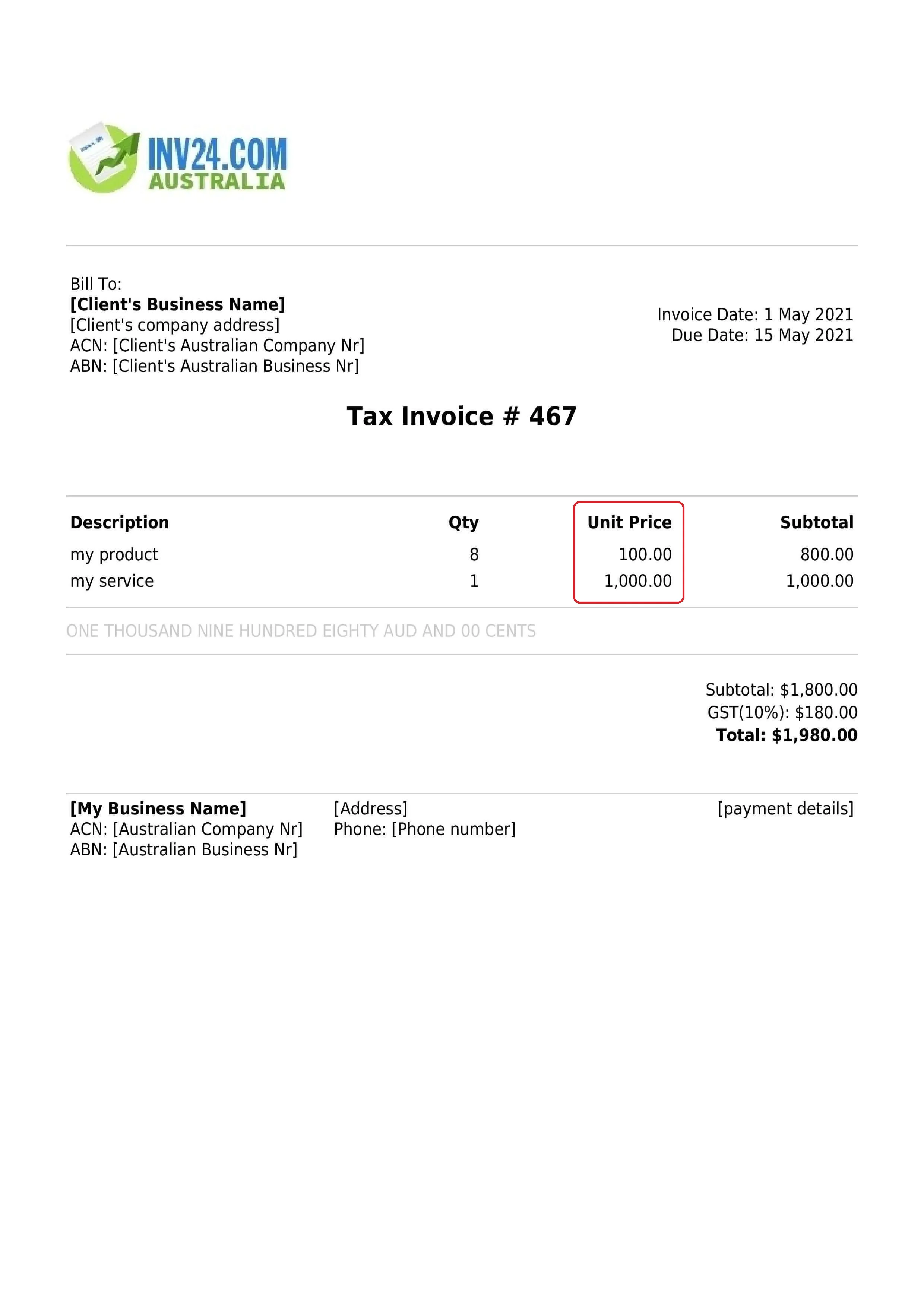 invoice unit price