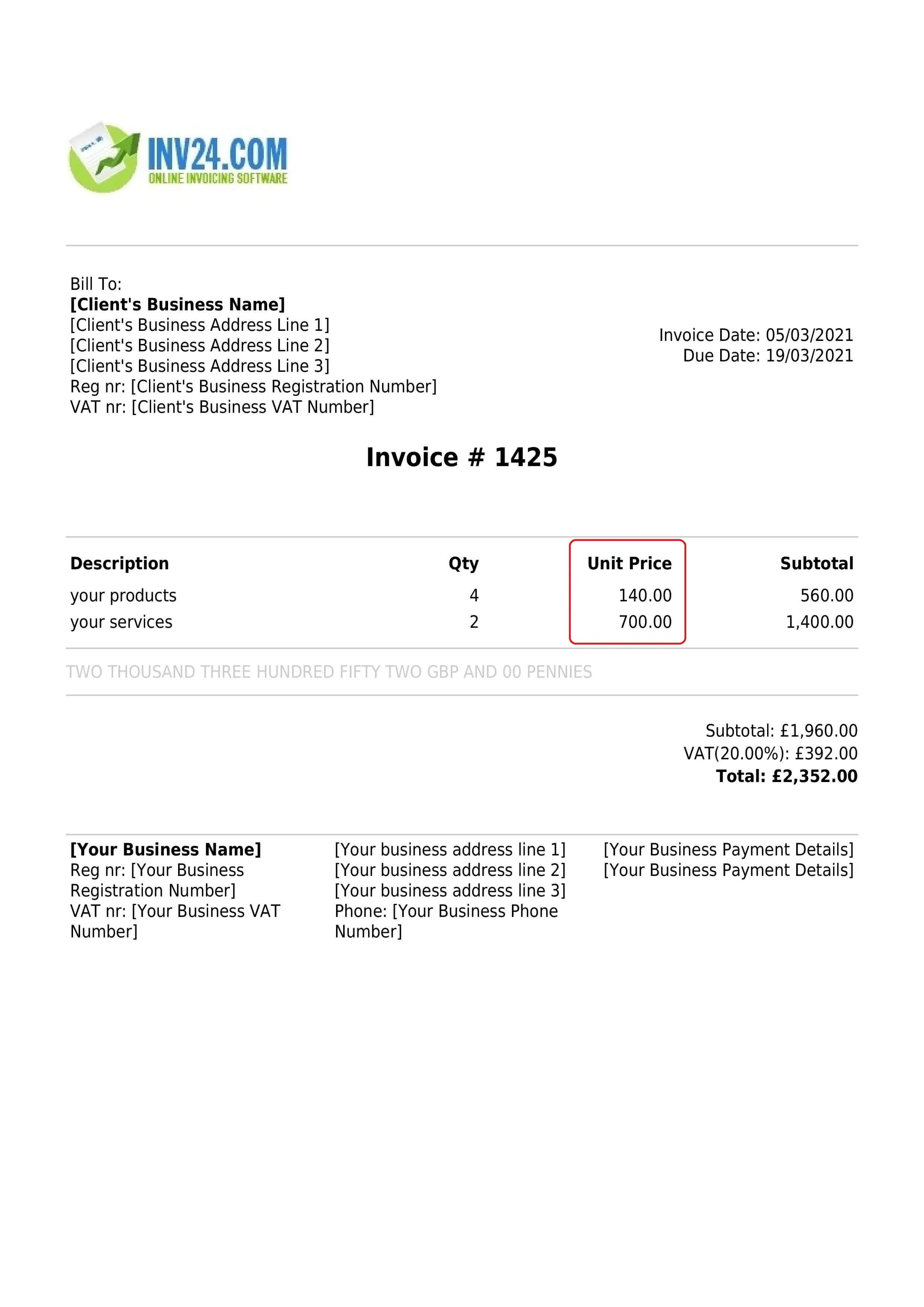 invoice unit price