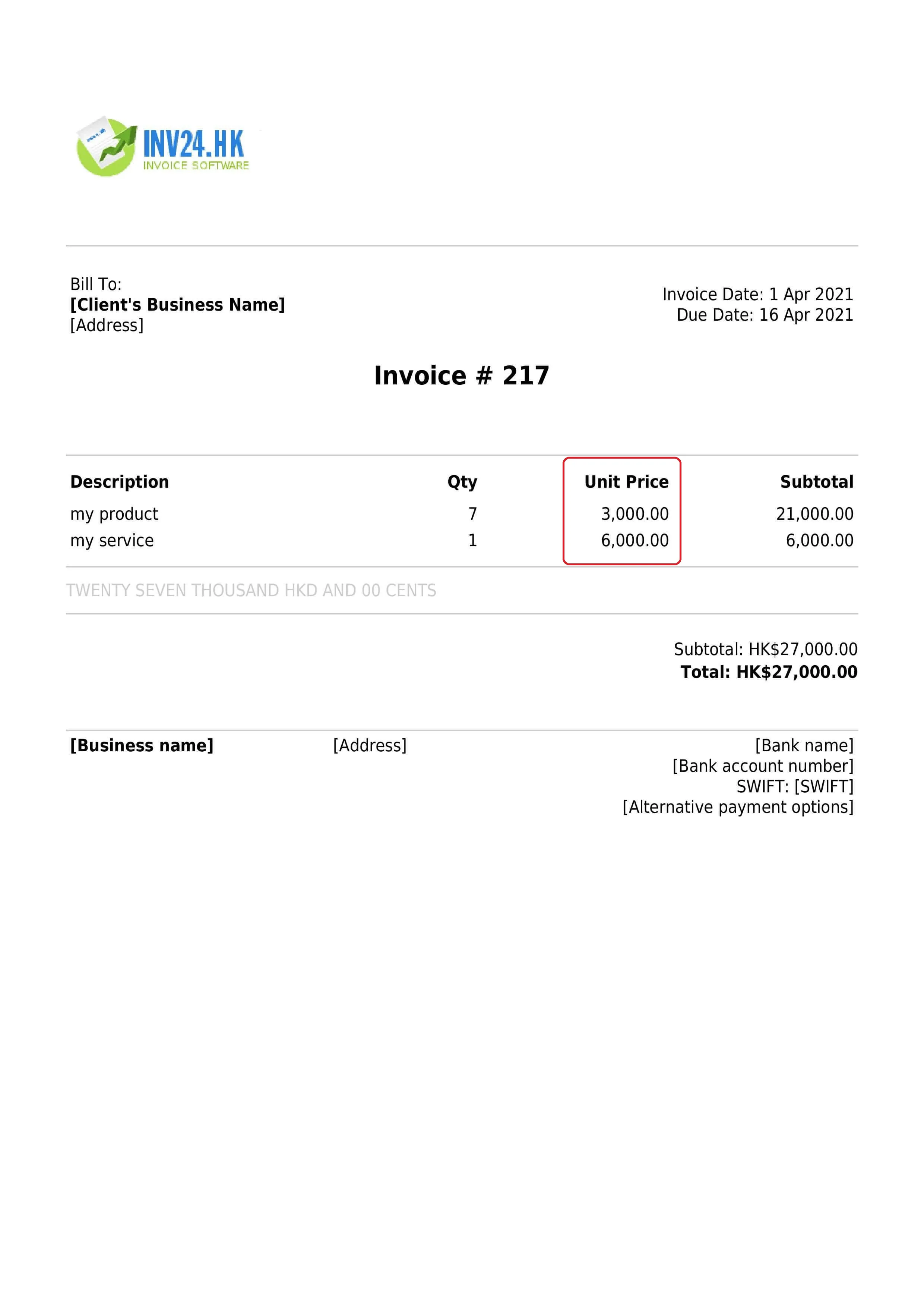 invoice unit price