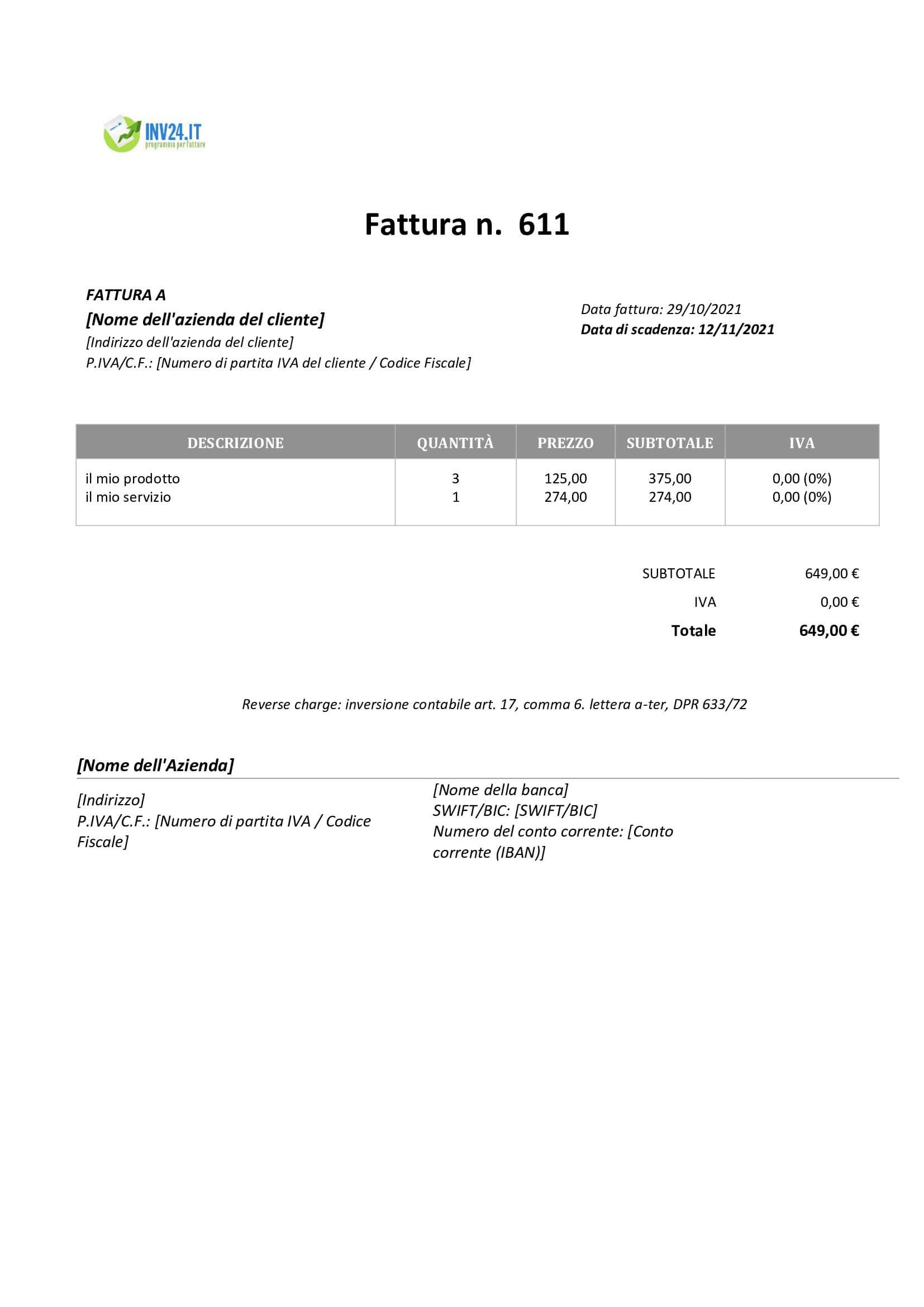 esempio fattura reverse charge