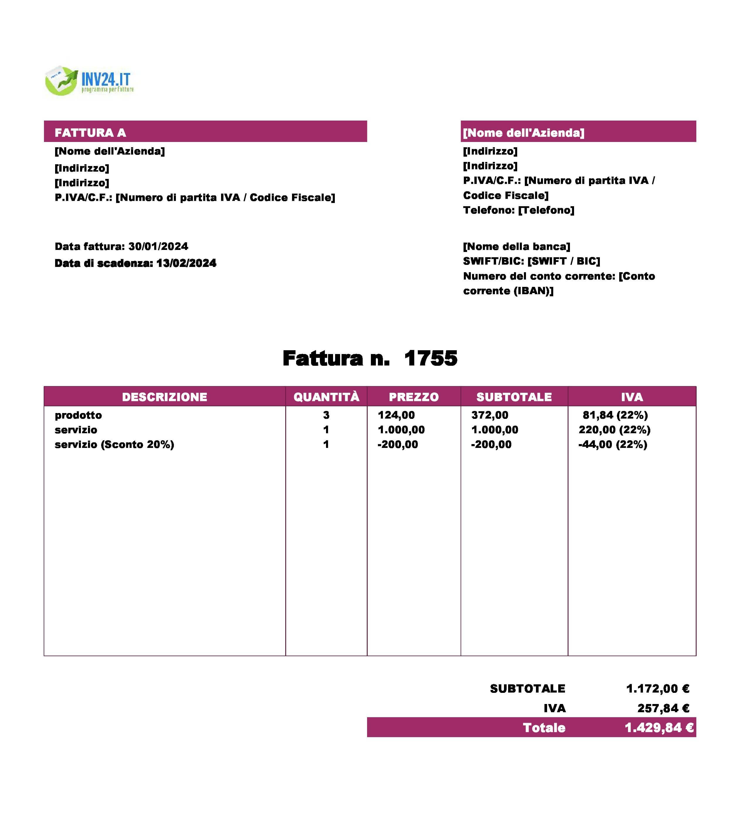fattura d'acquisto modello (Excel / Google Sheets)
