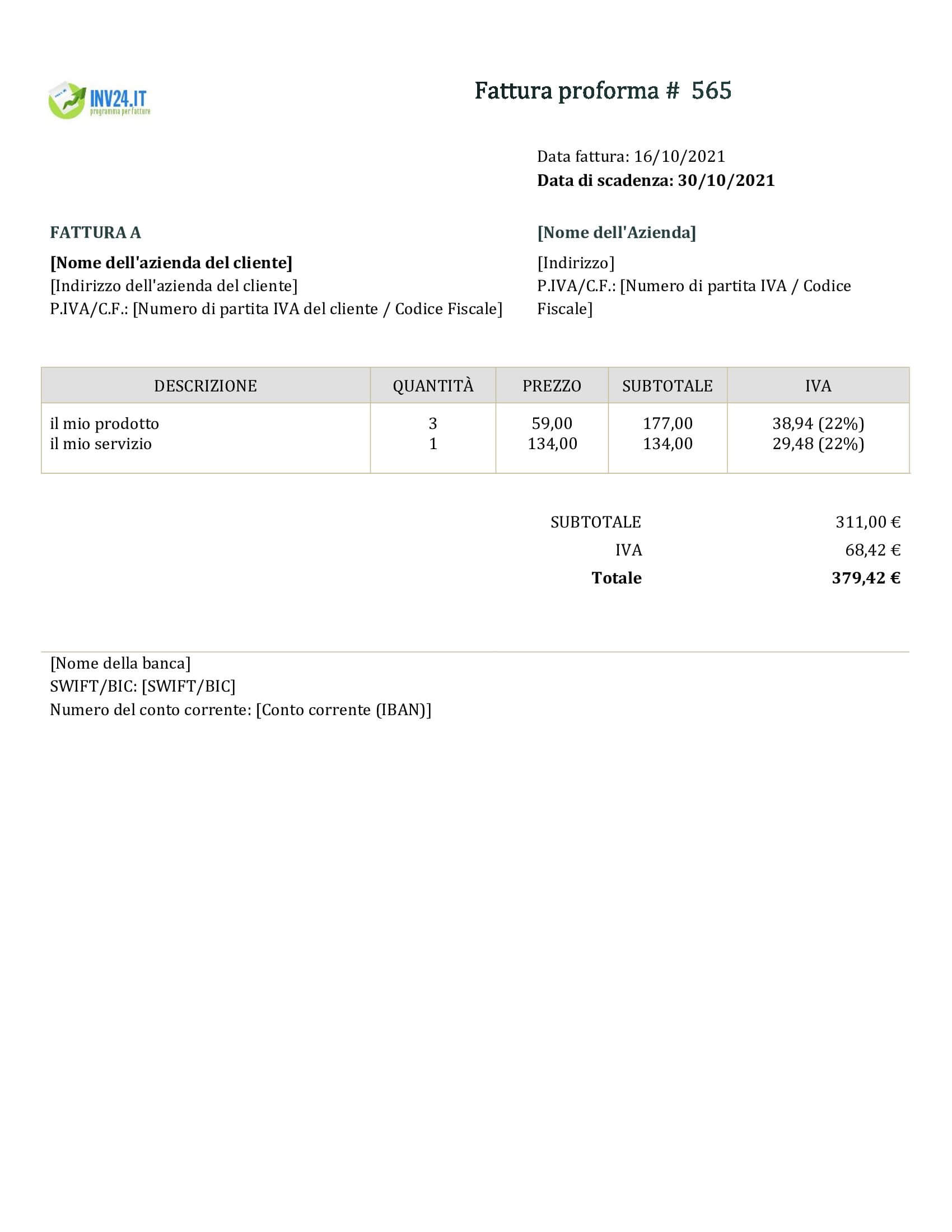 fattura proforma modello