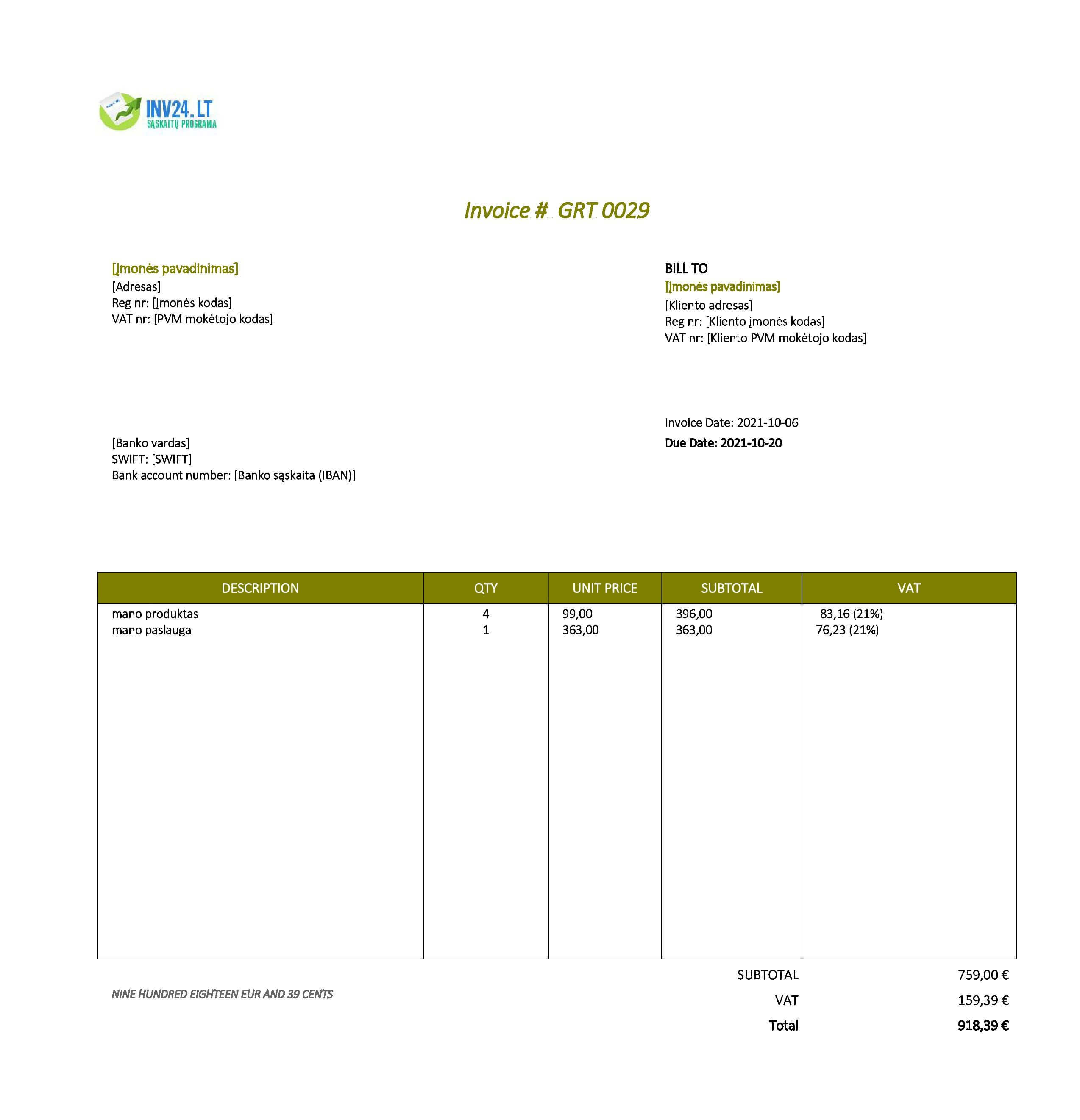invoice pavyzdys