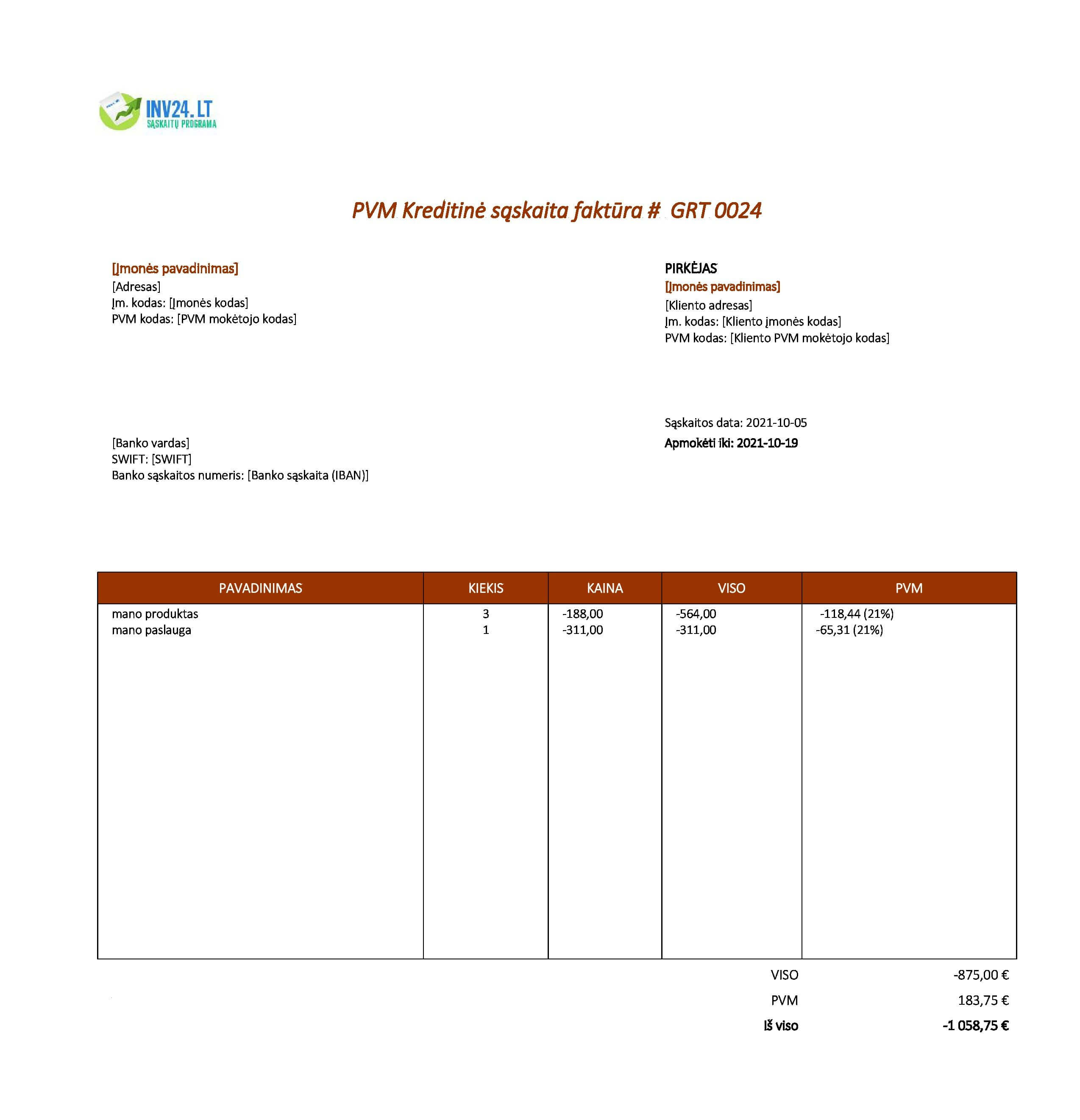 kreditinė PVM sąskaita faktūra pavyzdys