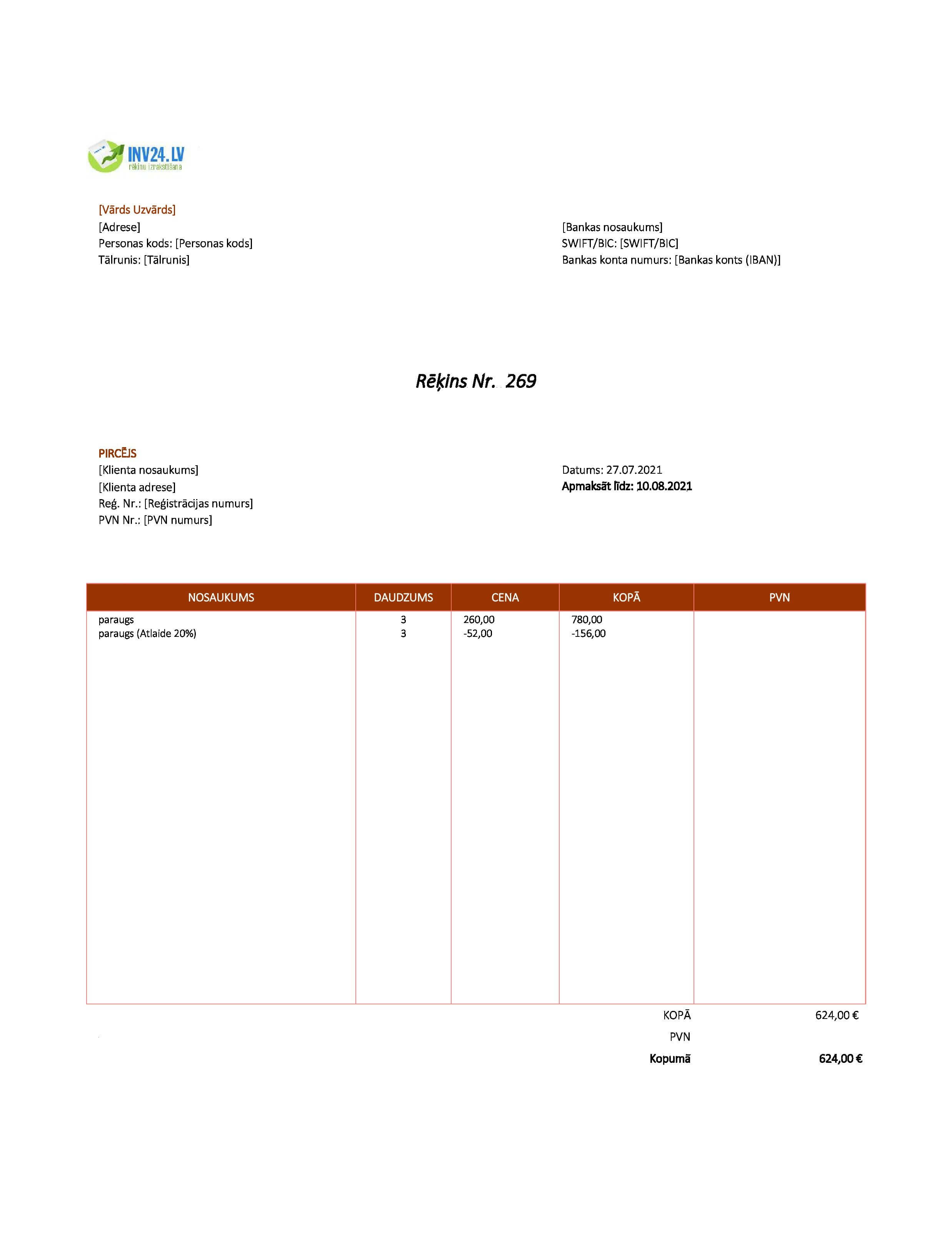 pašnodarbināta persona rēķina paraugs (Excel / Google Sheets) pašnodarbināta persona rēķina paraugs (Excel / Google Sheets)