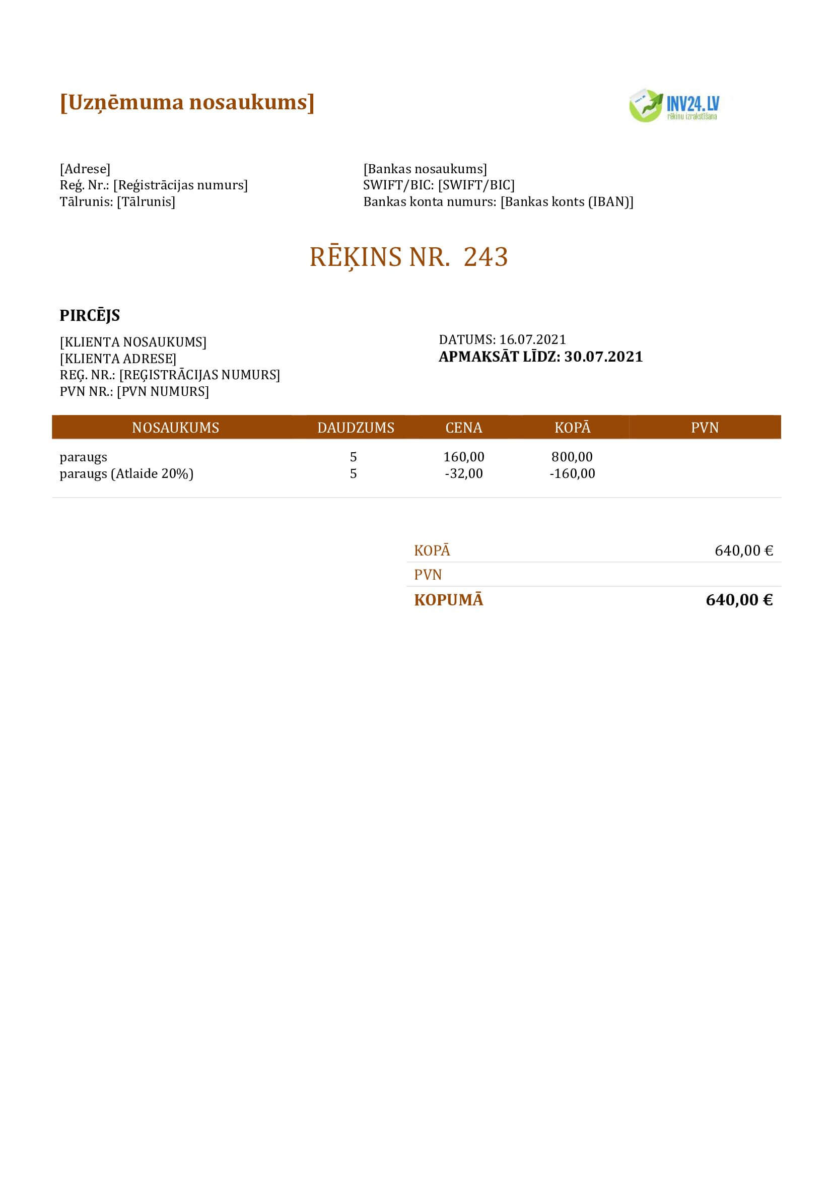 rēķina paraugs mikrouzņēmumam (Word / Google Docs)