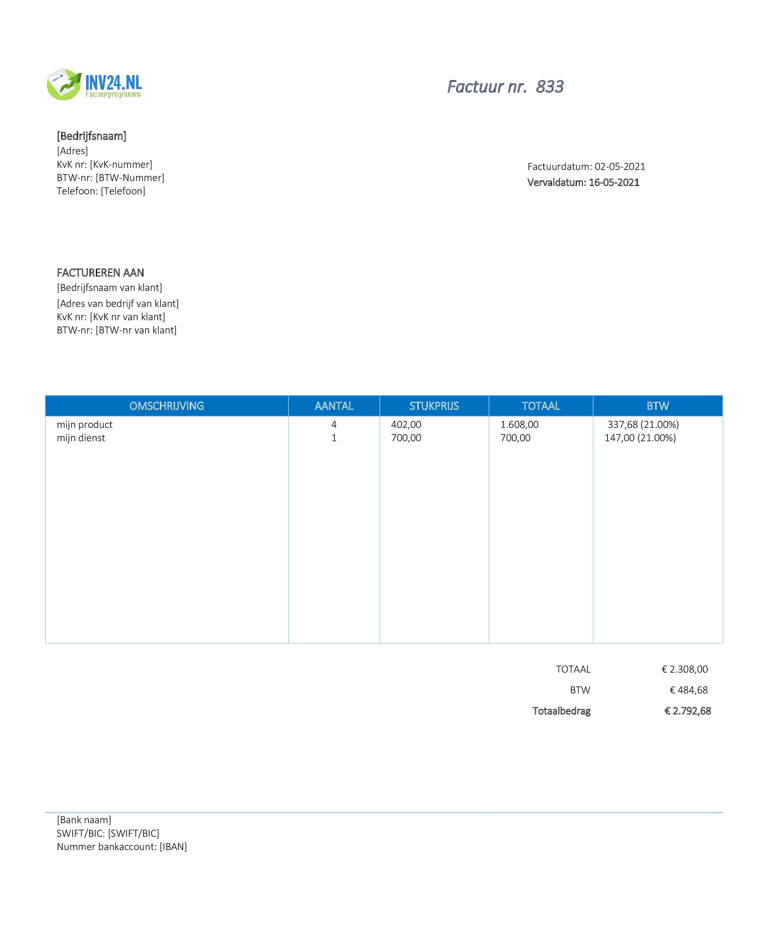 voorbeeld factuur zzp excel