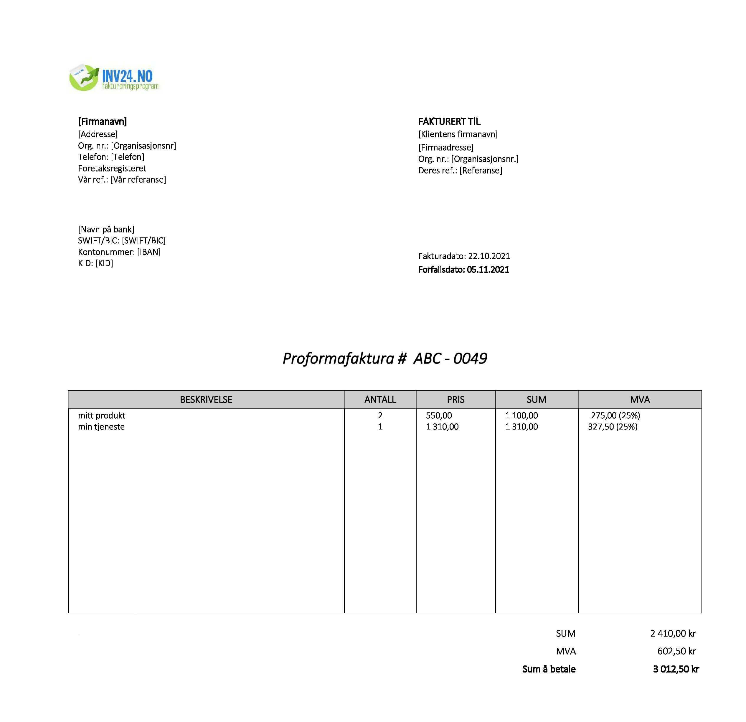 faktura preliminær eksempel