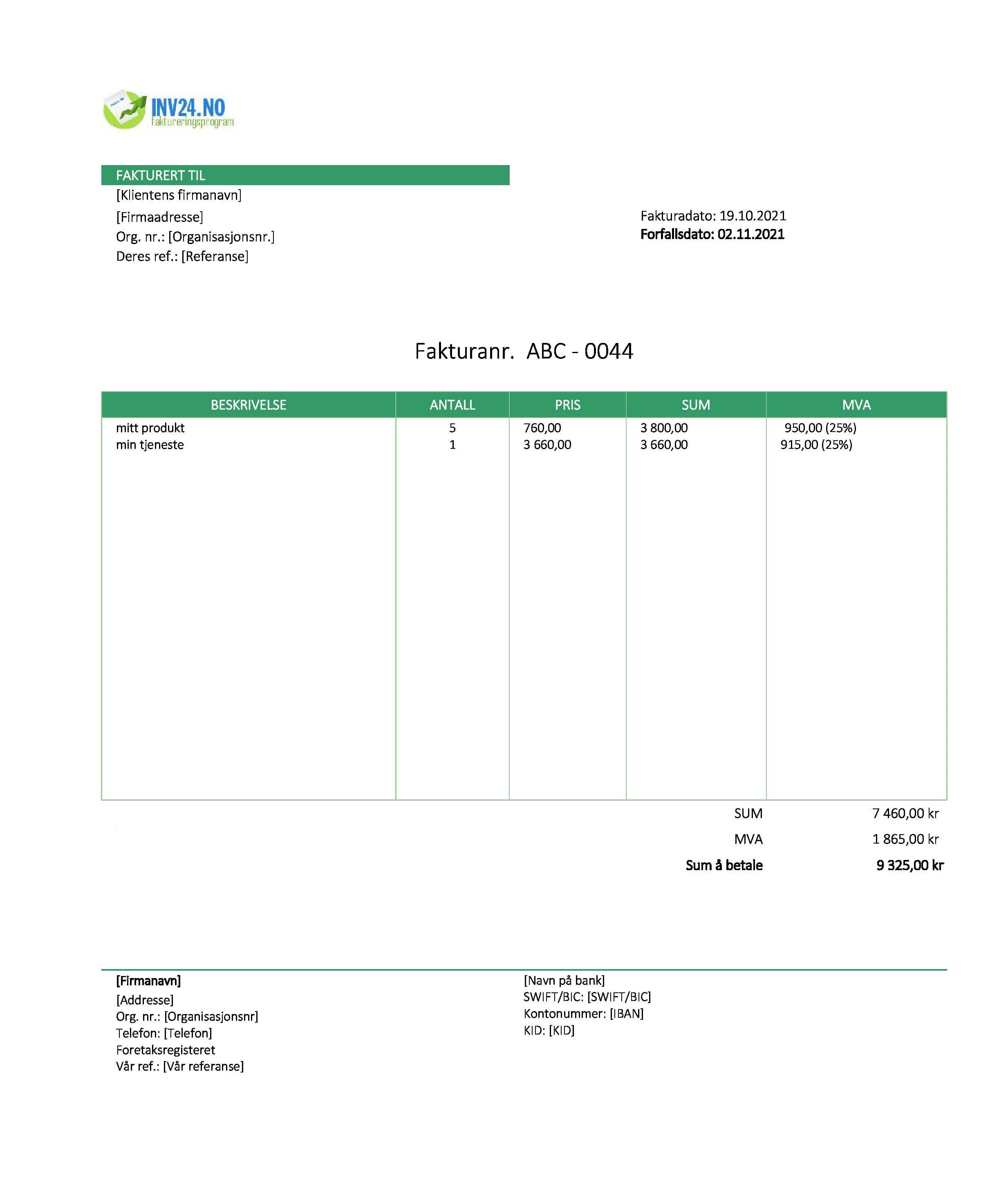 faktura skjema (Excel / Google Sheets)