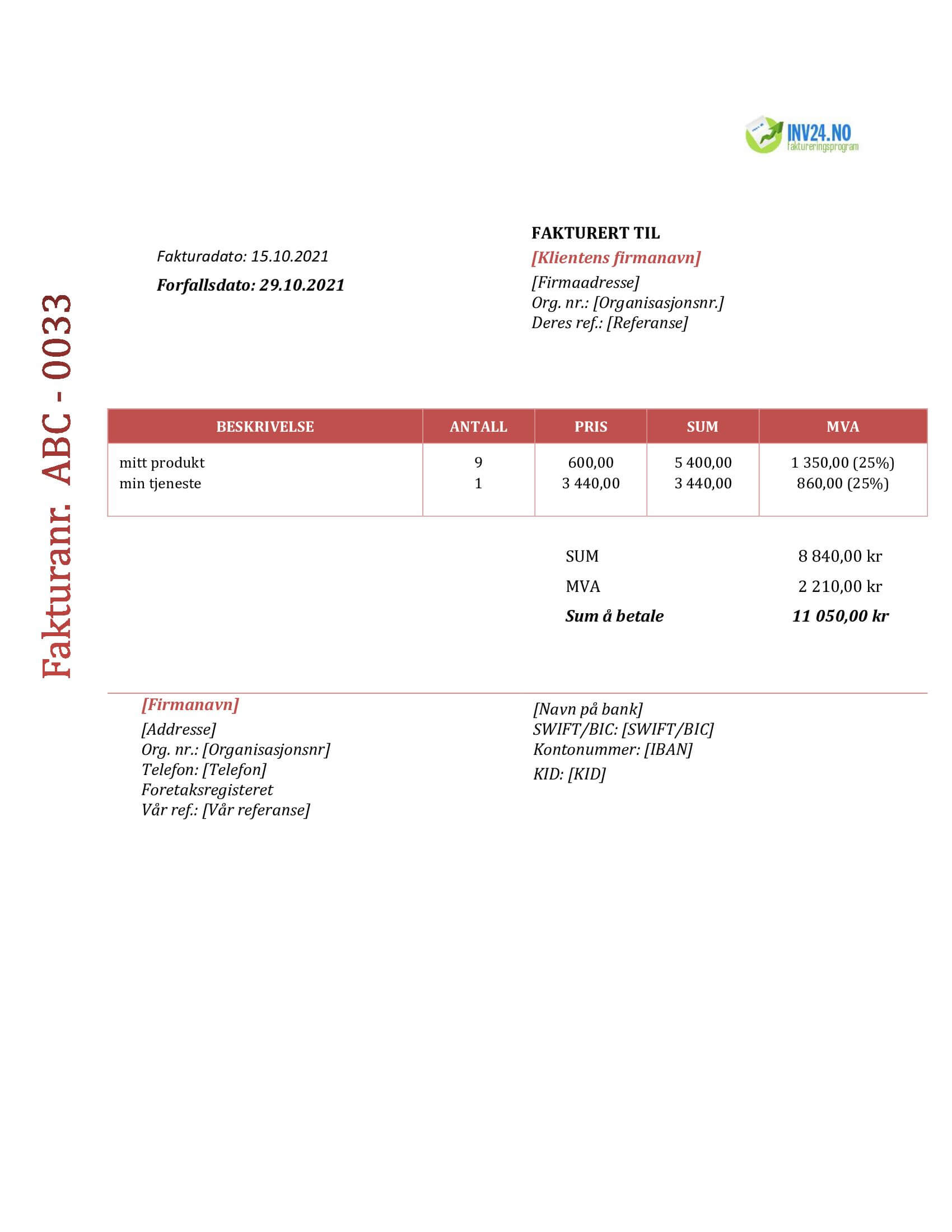 MVA faktura mal (Word / Google Docs)