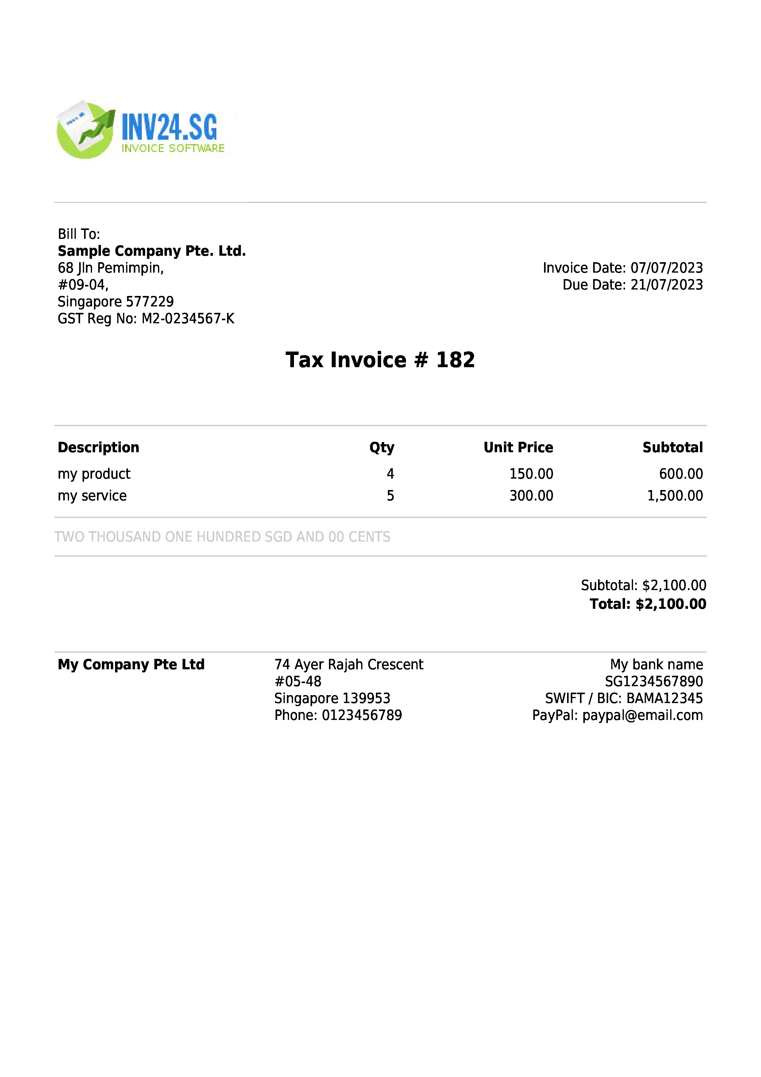 Singapore invoice sample for GST non-payer company