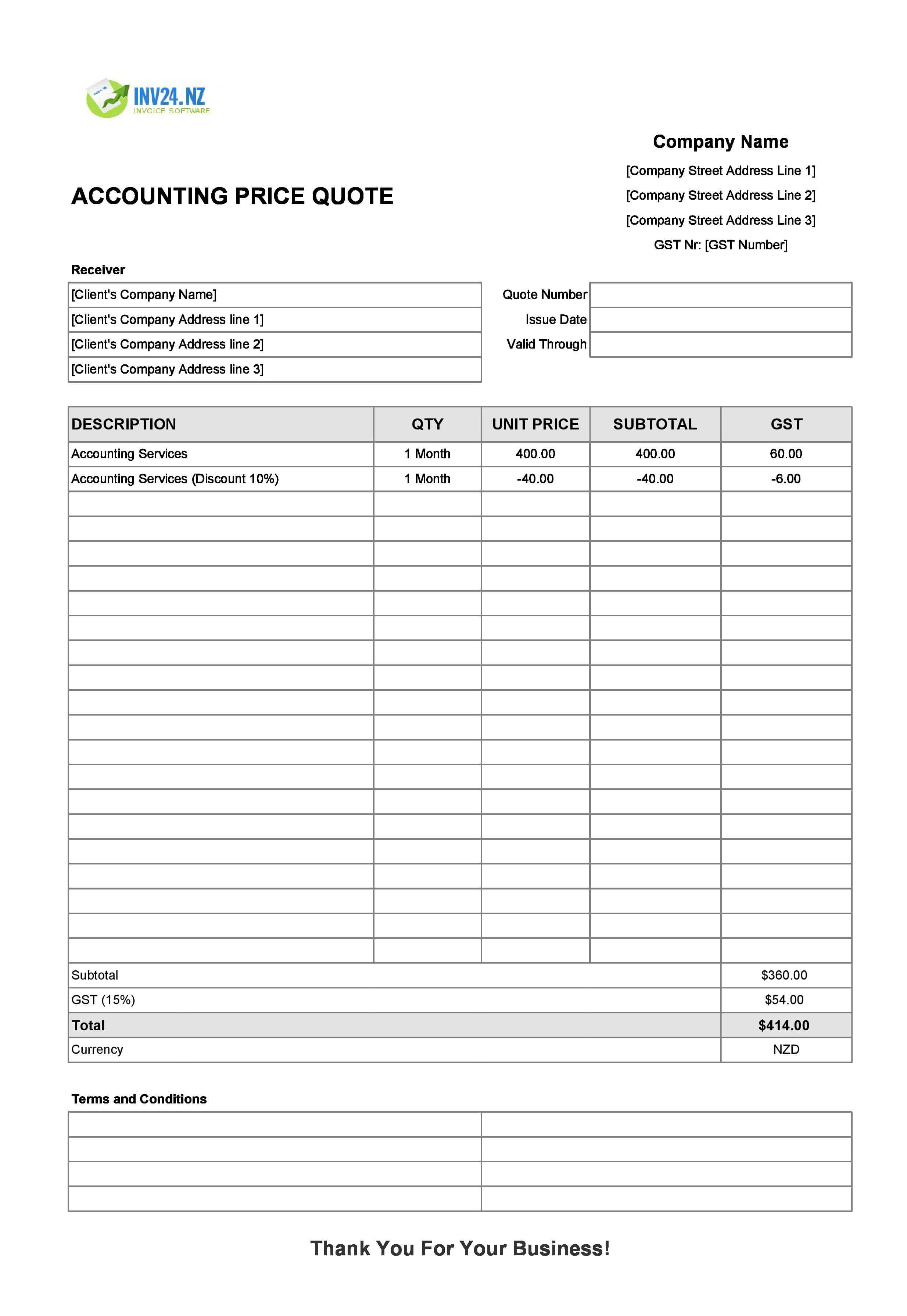 Accounting Quote Template for New Zealand (Excel / Google Sheets)