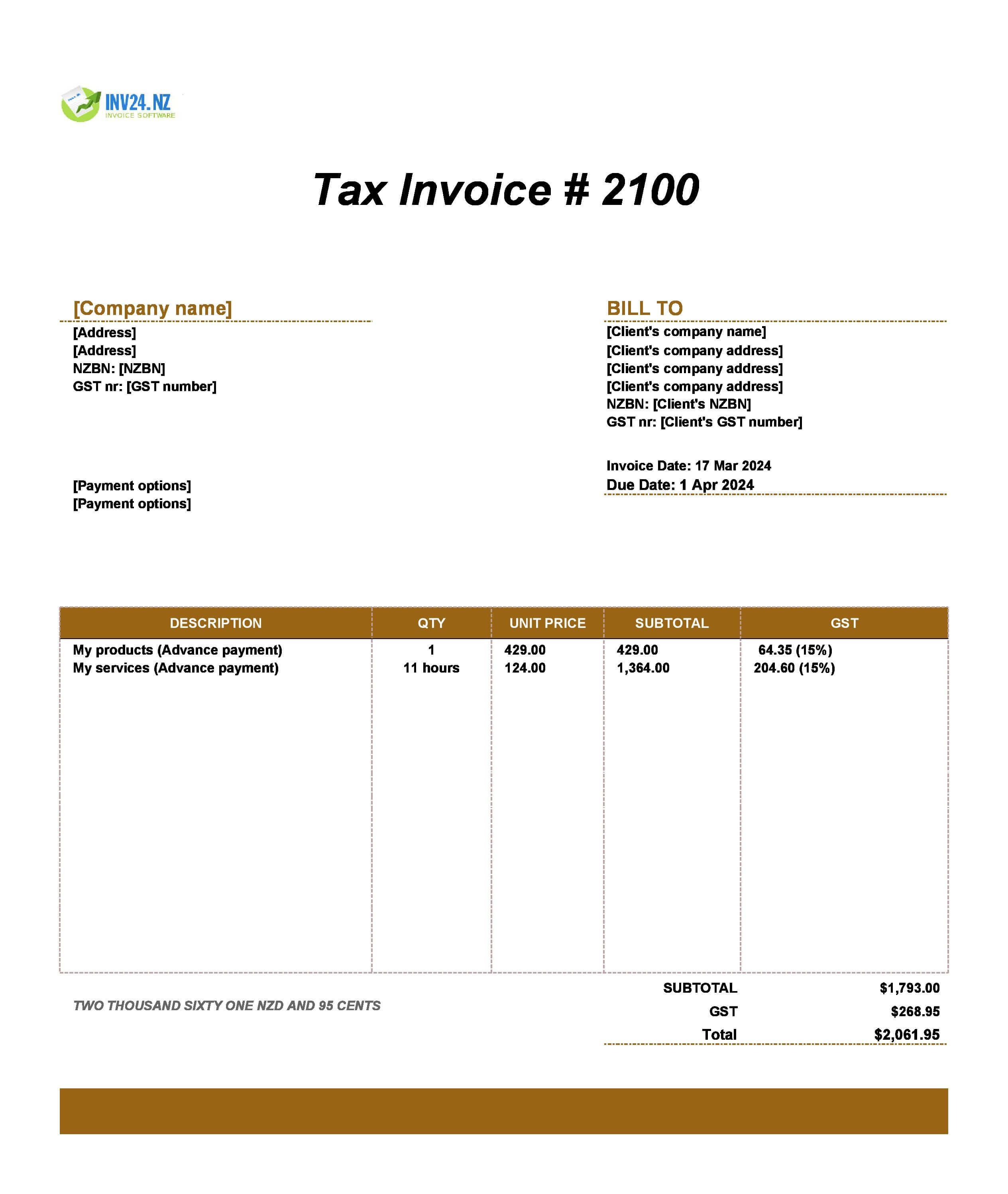 advance invoice template nz