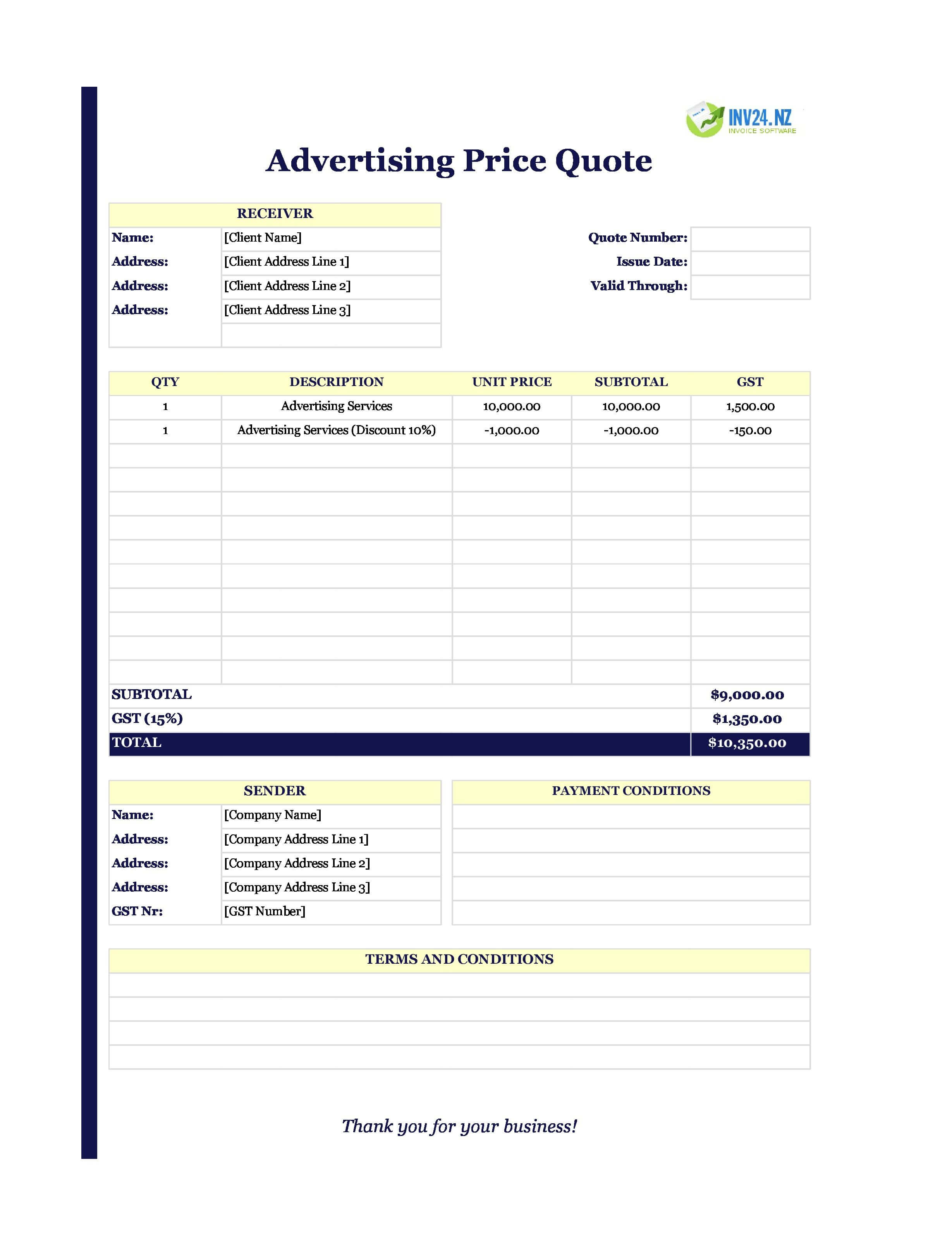 Advertising Quote Template for New Zealand (Excel / Google Sheets)