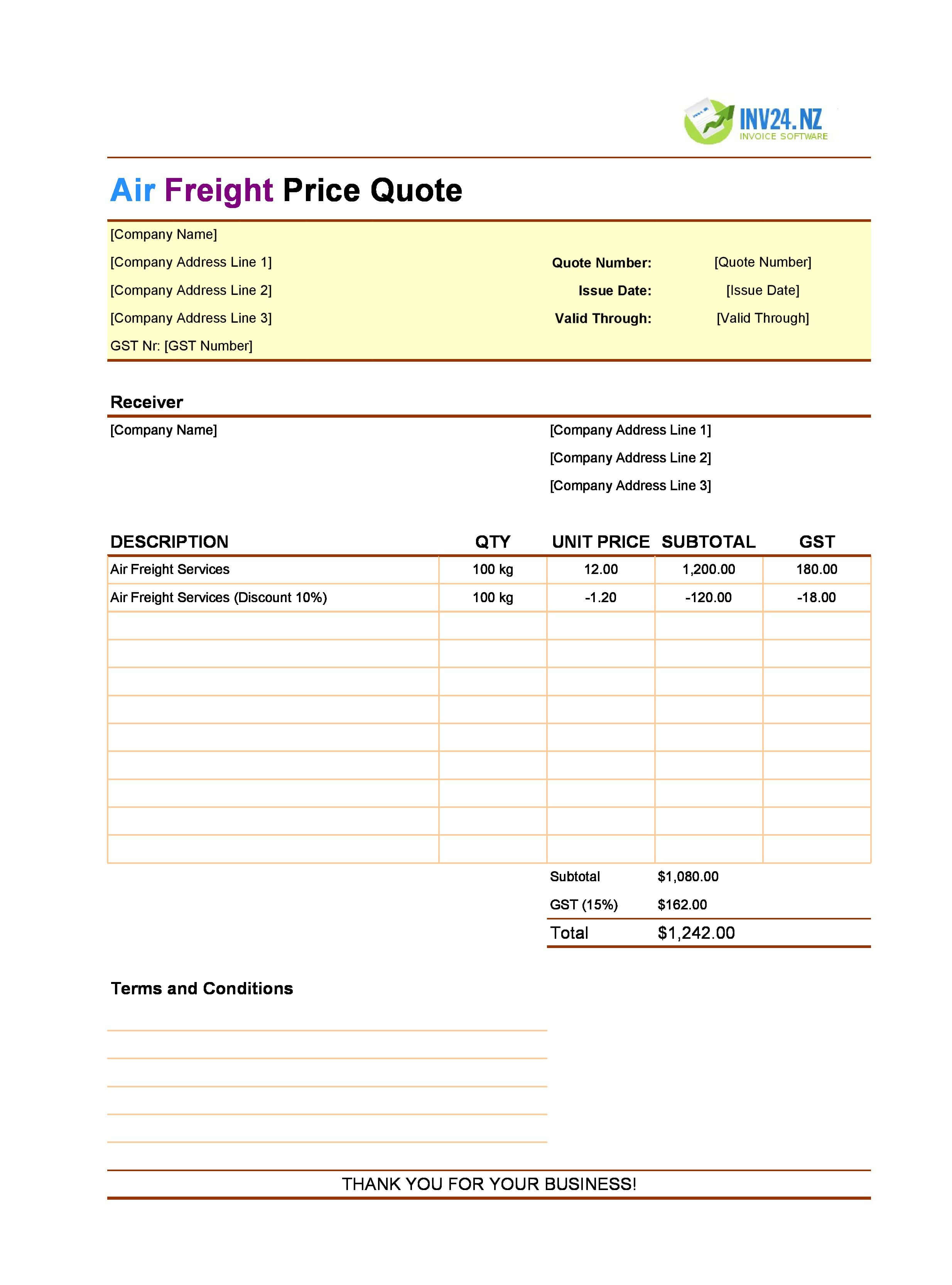 Air Freight Quote Template for New Zealand (Excel / Google Sheets)