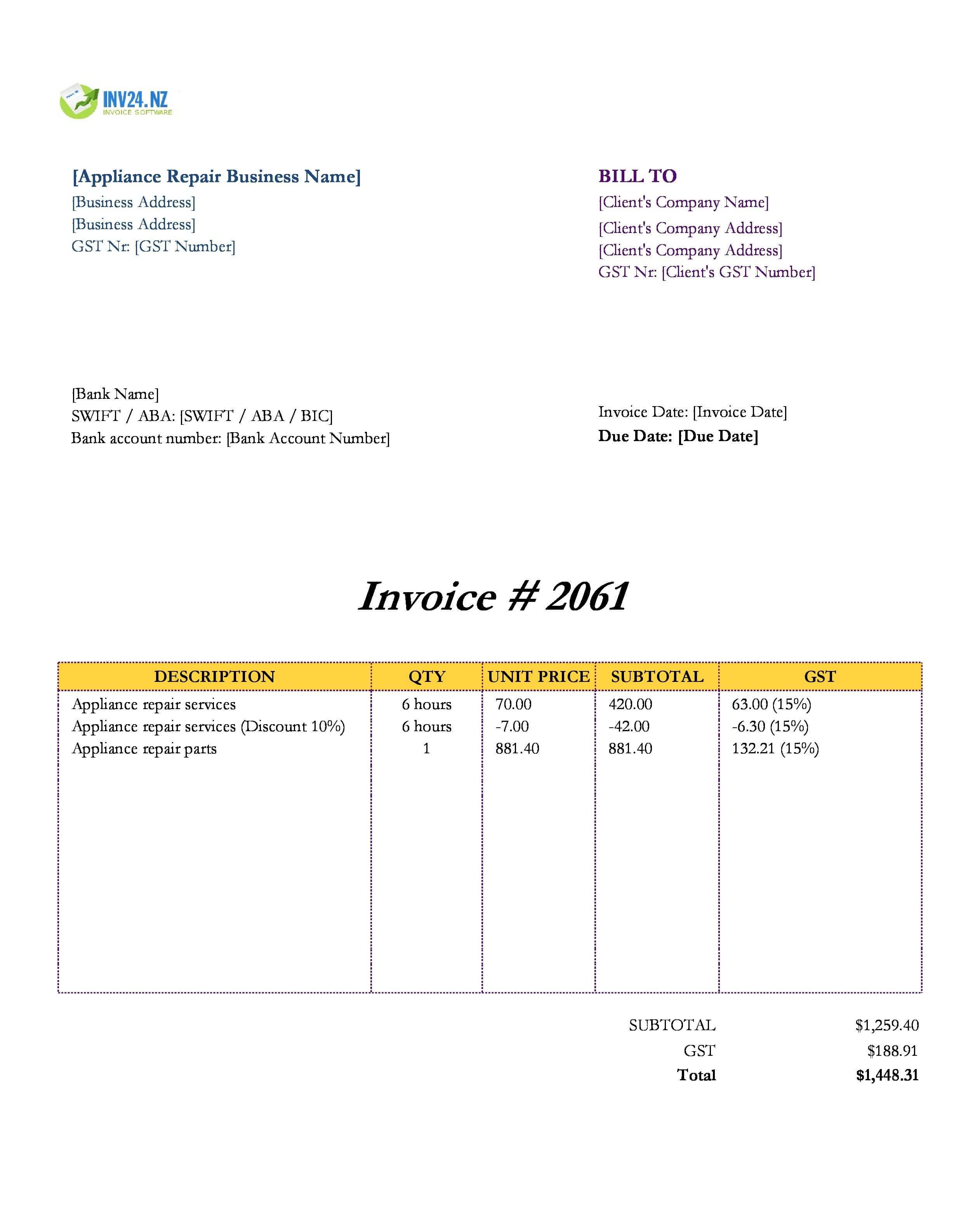 Appliance Repair Invoice Template for New Zealand (Excel / Google Sheets)