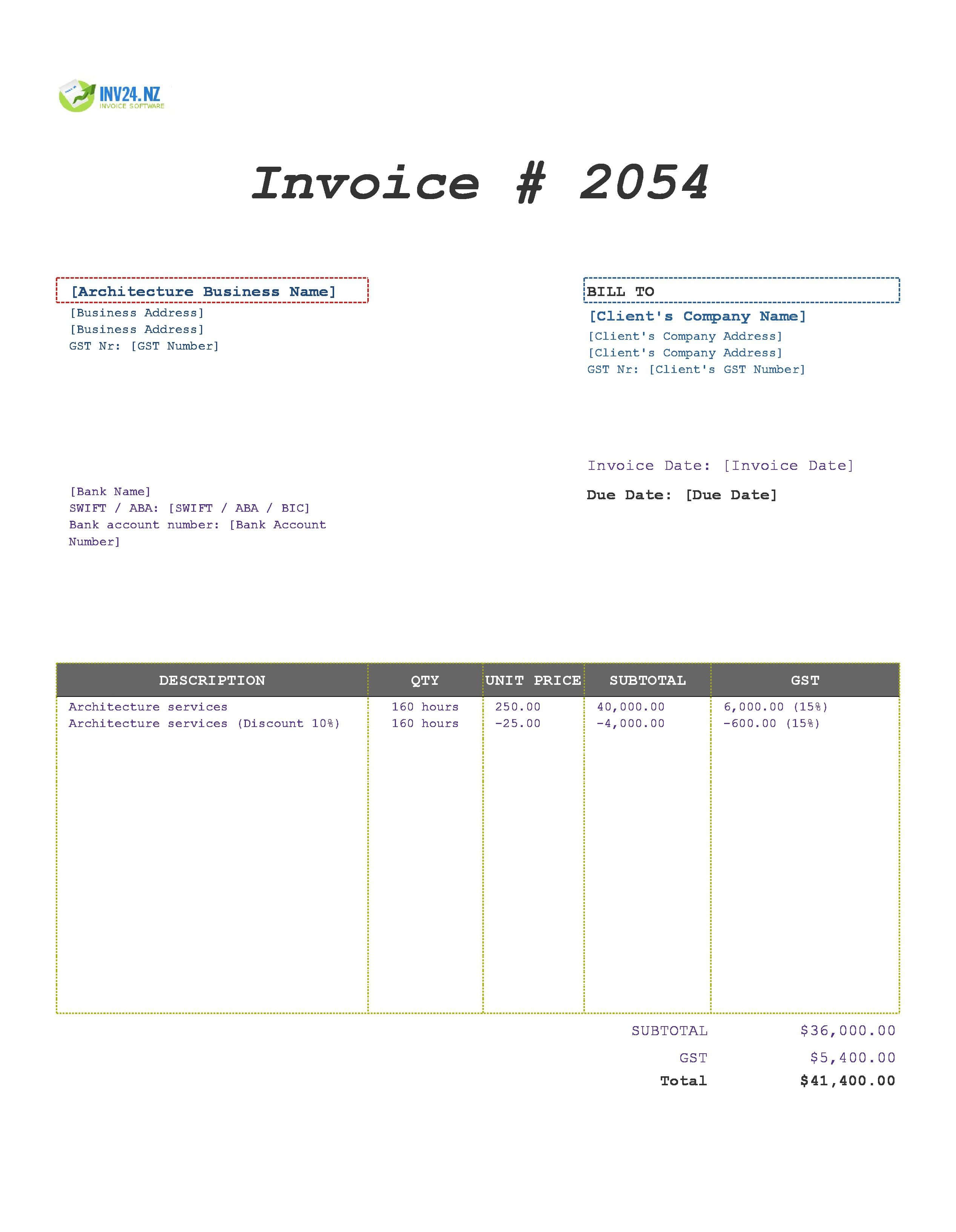 Architecture Invoice Template for New Zealand (Excel / Google Sheets) Architecture Invoice Template for New Zealand (Excel / Google Sheets)