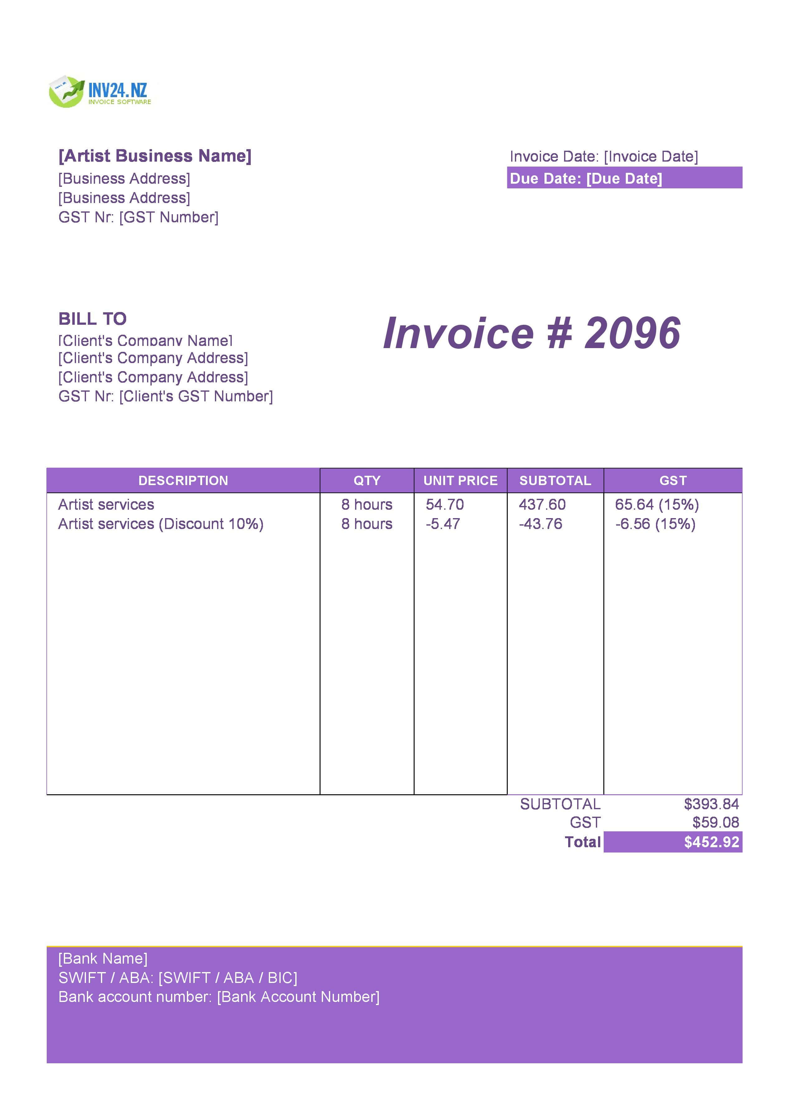 Artist Invoice Template for New Zealand (Excel / Google Sheets) Artist Invoice Template for New Zealand (Excel / Google Sheets)