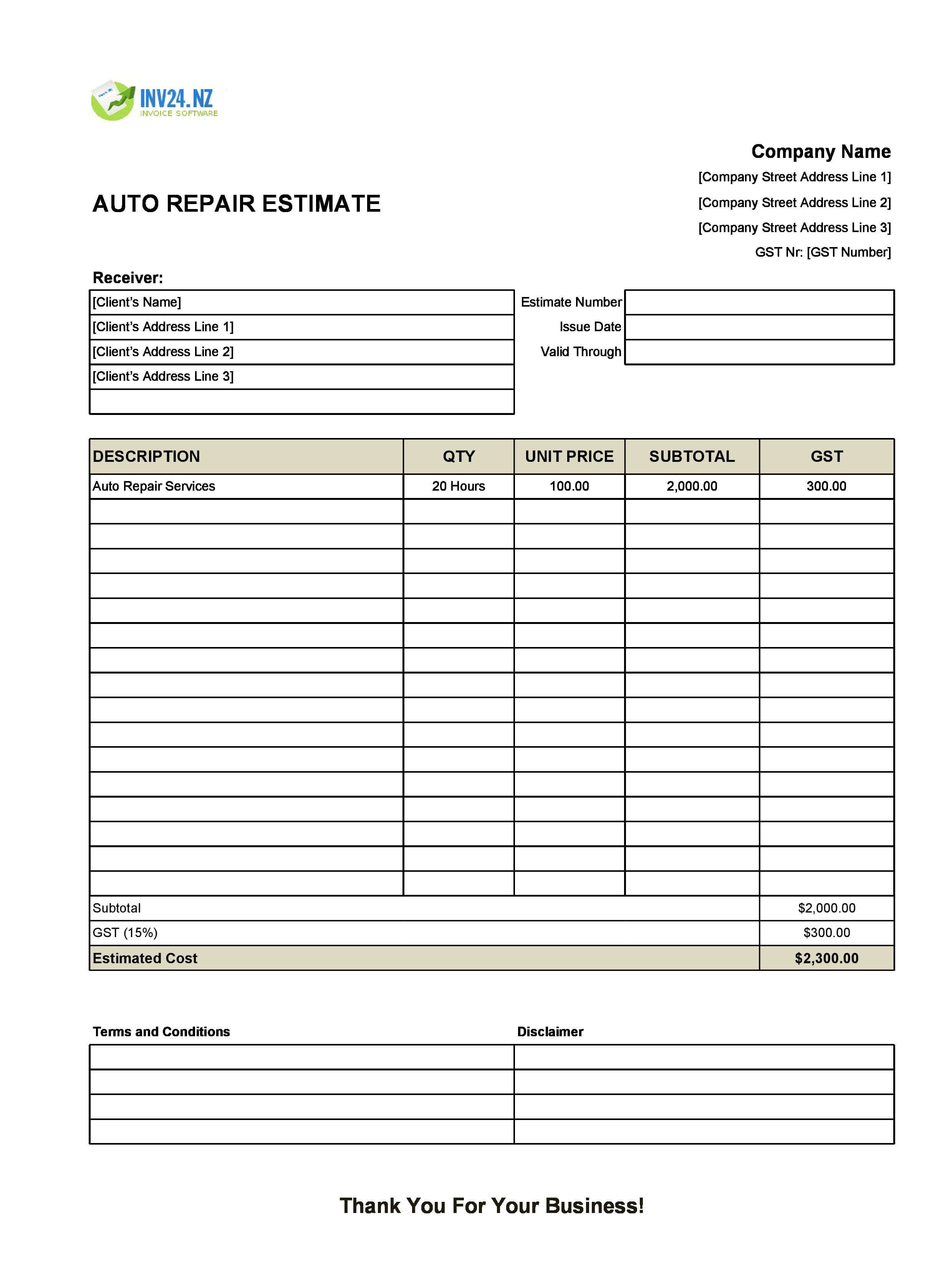 Auto Repair Estimate Template for New Zealand (Excel / Google Sheets)