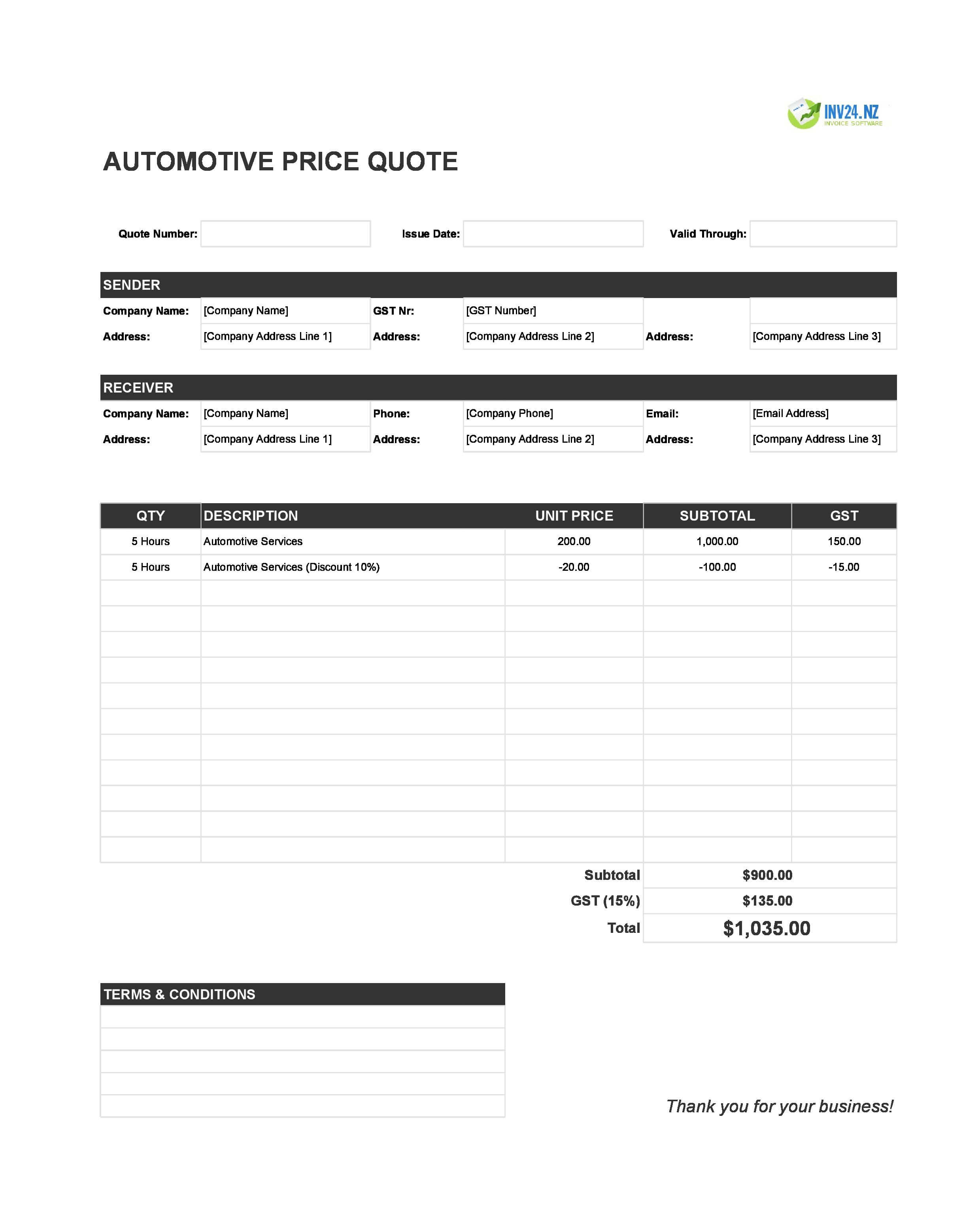 Automotive Quote Template for New Zealand (Excel / Google Sheets)