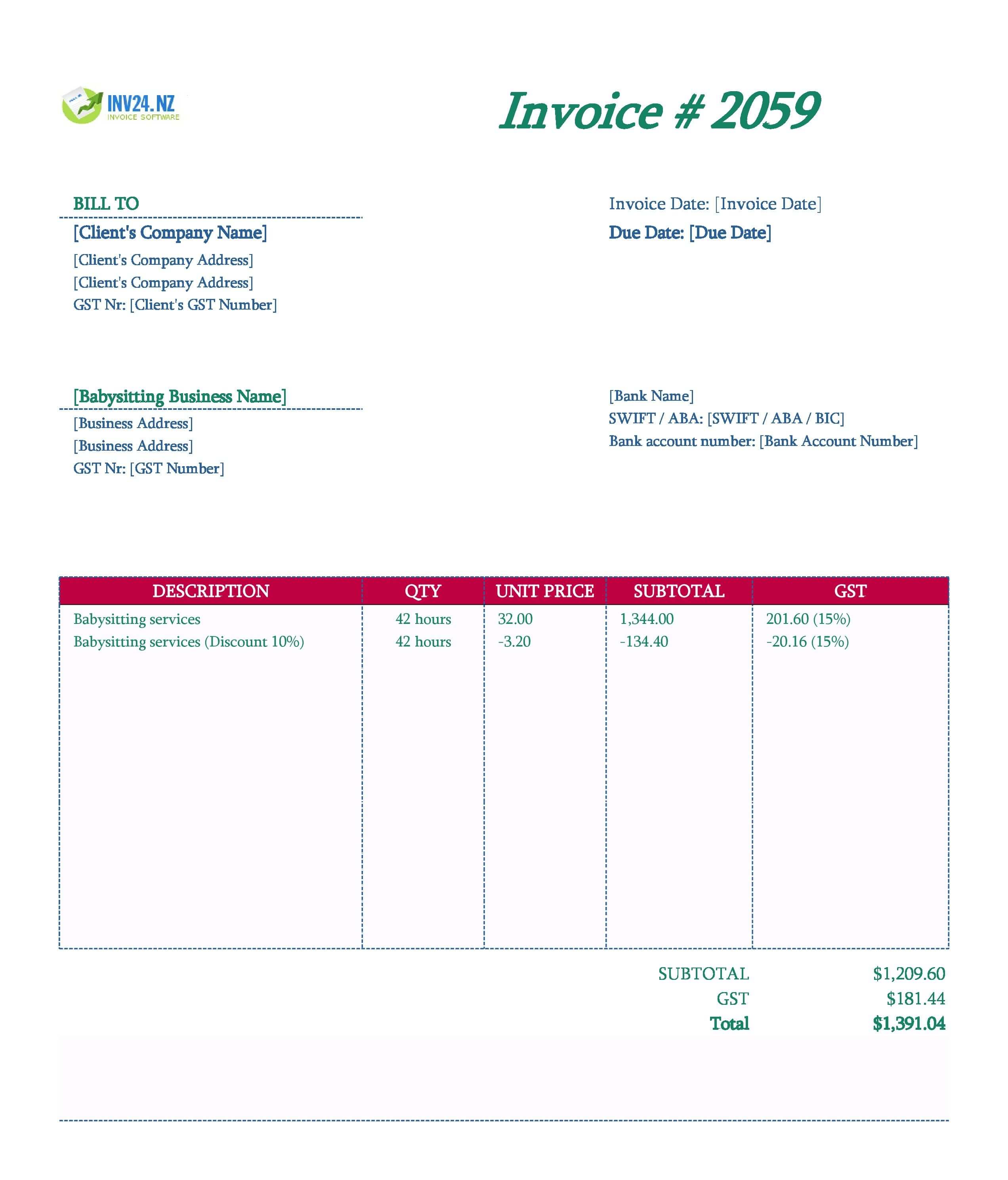 Babysitting Invoice Template for New Zealand (Excel / Google Sheets)