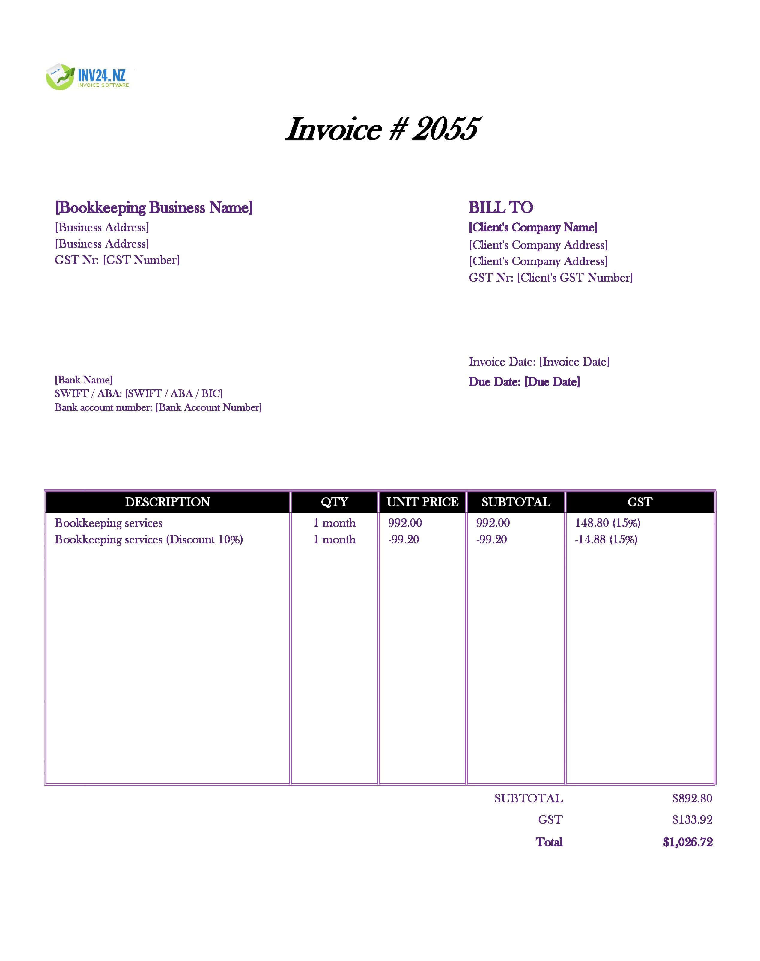 Bookkeeping Invoice Template for New Zealand (Excel / Google Sheets)